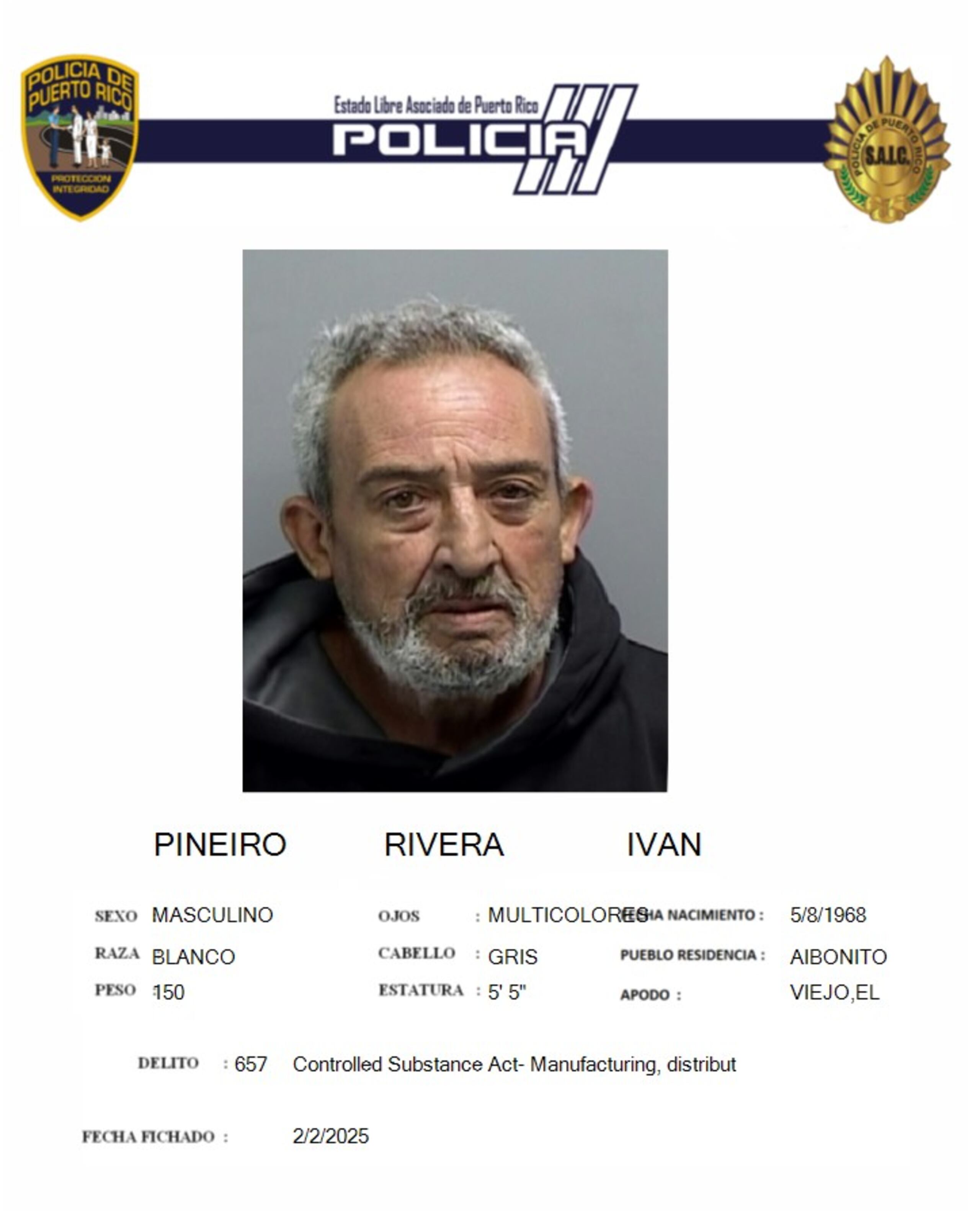 iván Piñeiro Rivera enfrenta cargos por violación a las leyes de Sustancias Controladas y Armas de fuego.