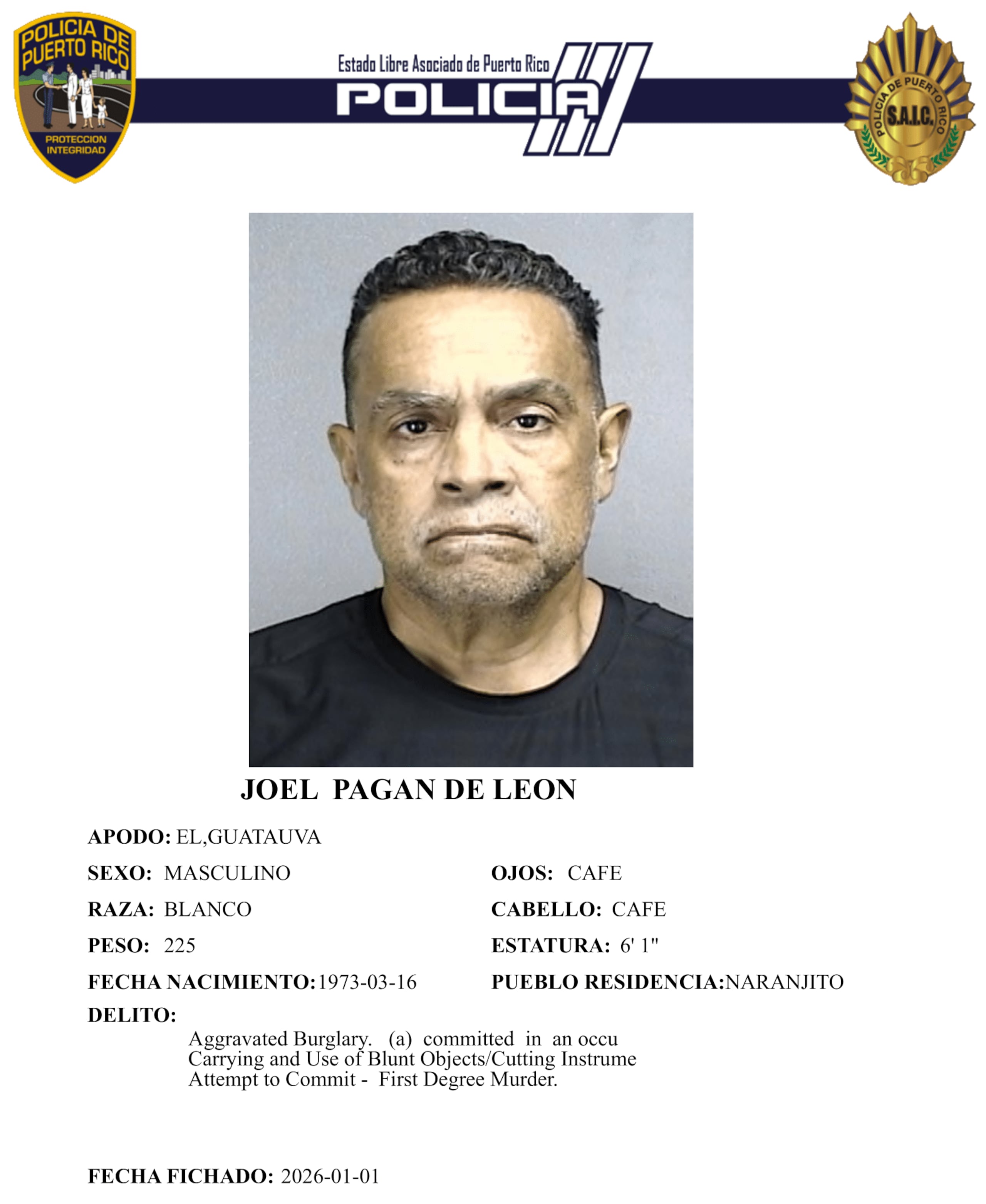 Ficha policíaca del imputado, Joel Pagán De León.