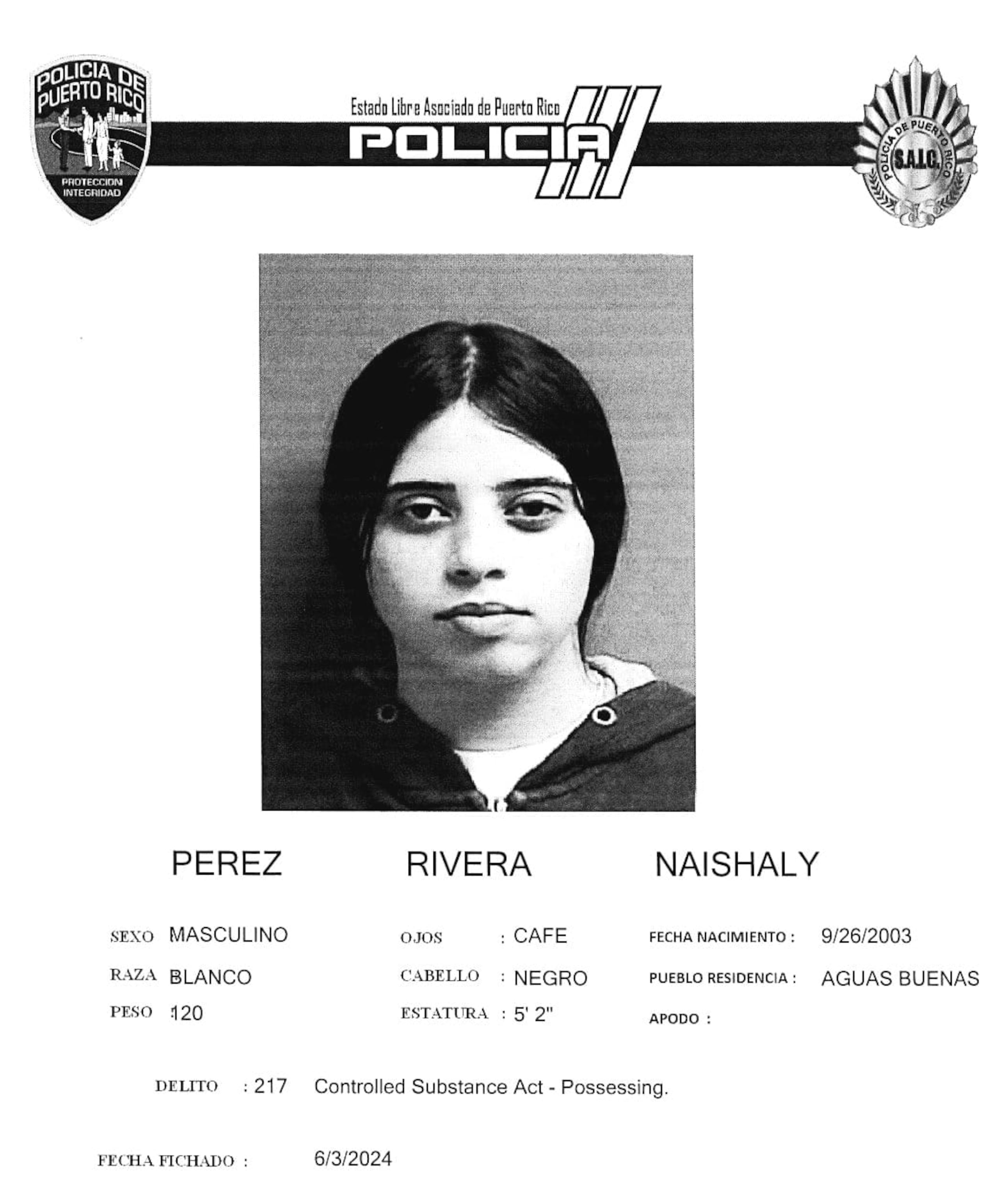 Naishaly Pérez Rivera enfrenta cargos por violación a la Ley de Sustancias Controladas.