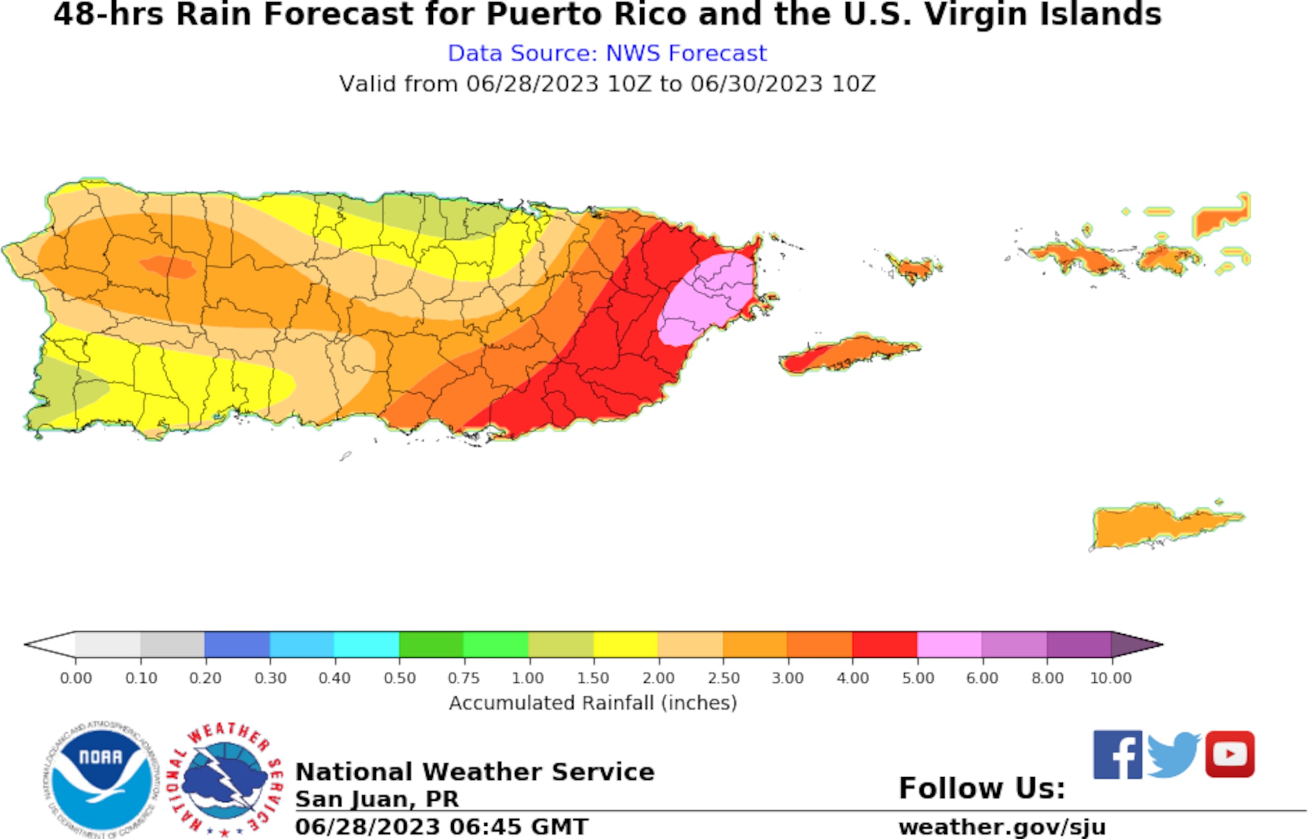 Pronóstico de lluvia para Puerto Rico dentro de un periodo de 48 horas.