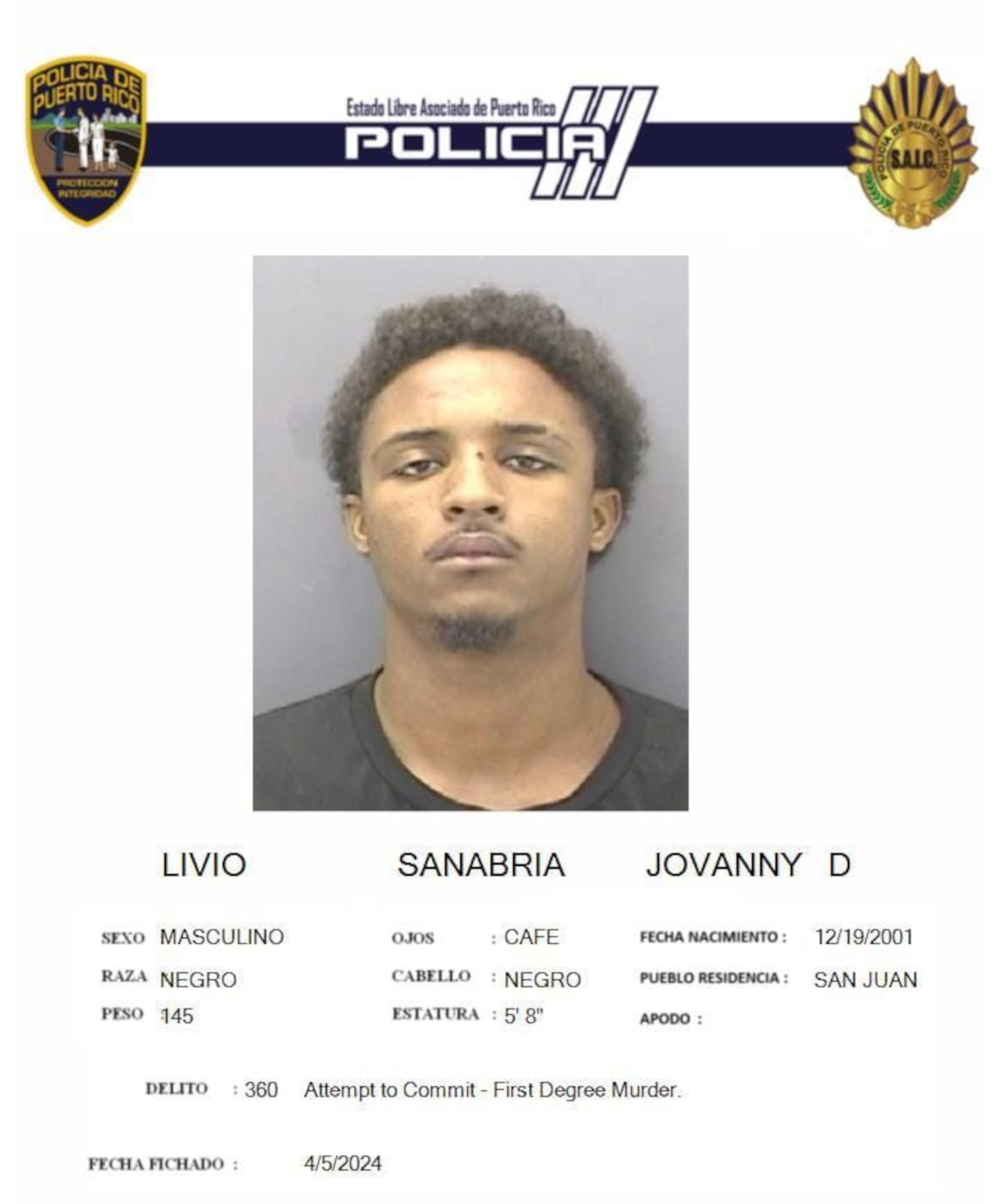 Ficha policiaca de Jovanny Darío Livio Sanabria, el sospechoso de arrollar a dos policías en el residencial Luis Llorens Torres el 3 de abril.