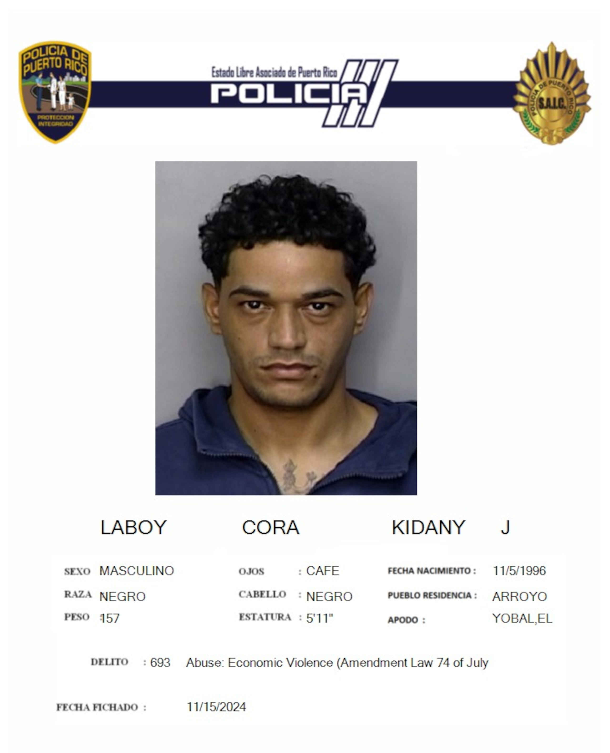 Kidany J. Laboy Cora tenía antecedentes por violencia doméstica y apropiación ilegal, según la Policía.
