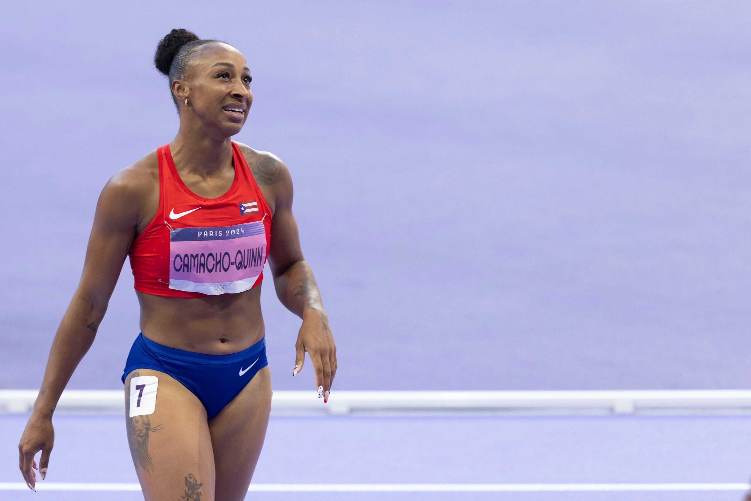 asmine Camacho-Quinn en la final de los 100 metros con vallas de los Juegos Olímpicos de París 2024.