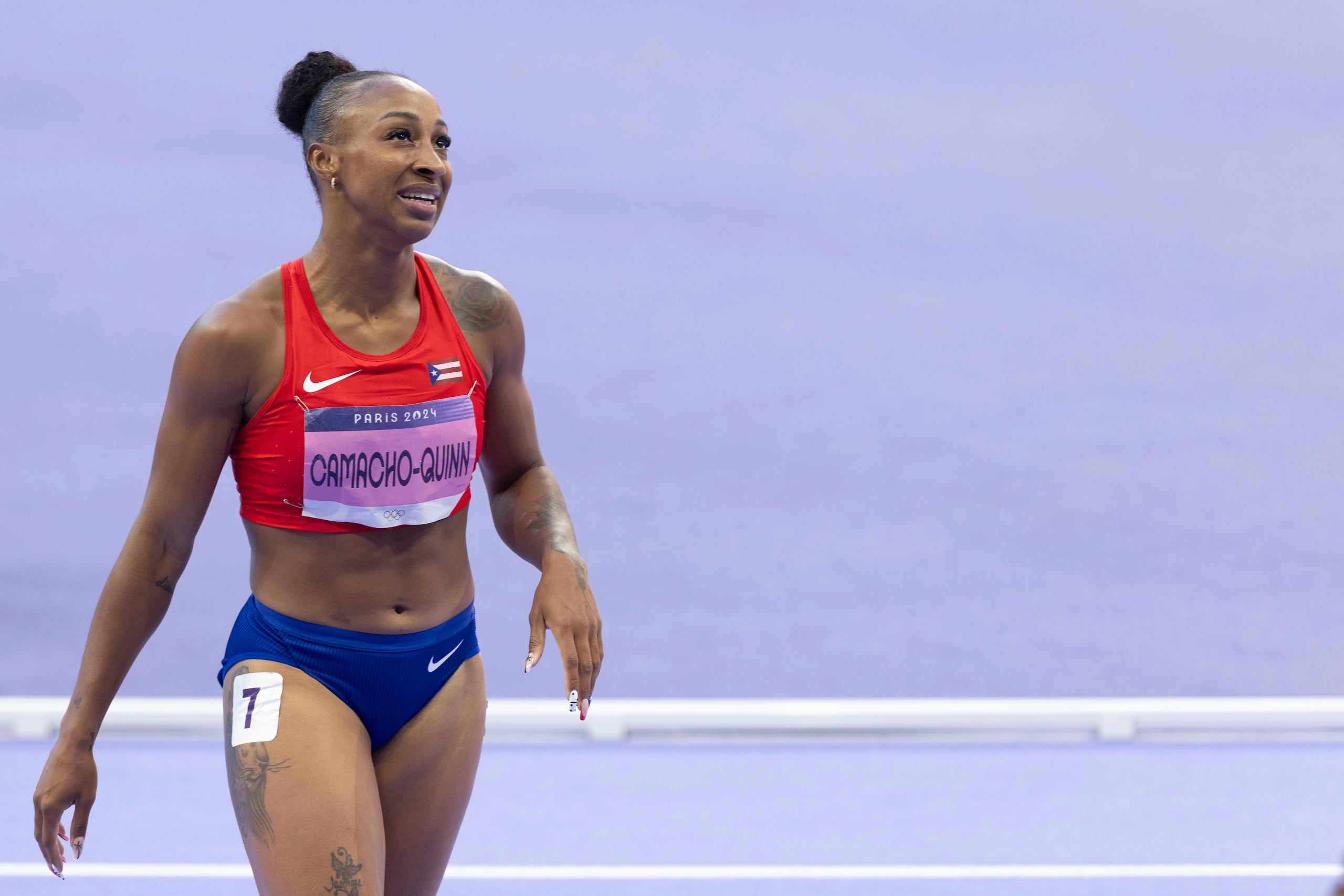 Jasmine Camacho - Quinn en la final de los 100 metros con vayas en París 2024.