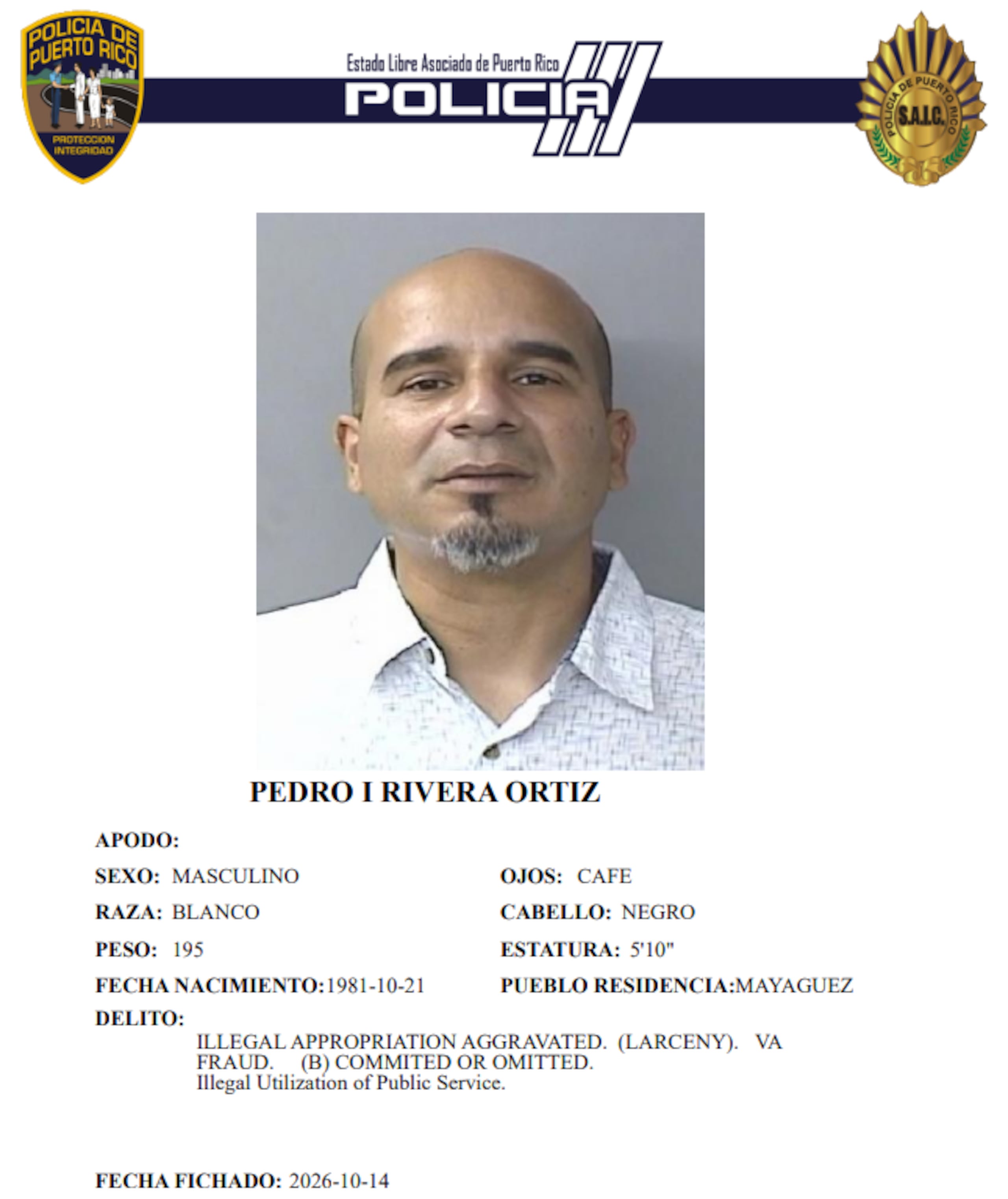 Ficha policíaca del imputado, Pedro Iván Rivera Ortiz.