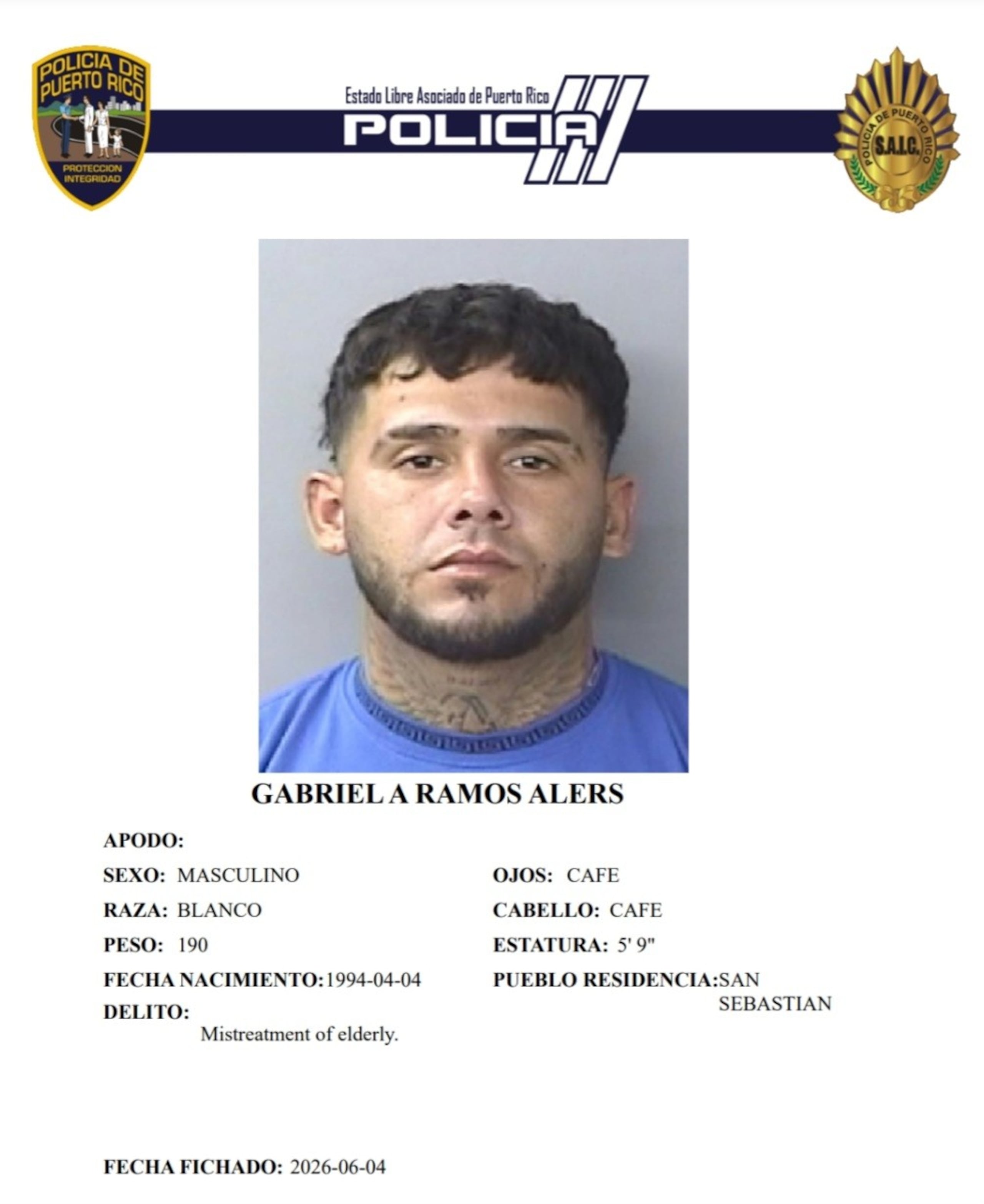 Gabriel A. Ramos Alers, enfrenta un cargo por maltrato a una persona de edad avanzada.