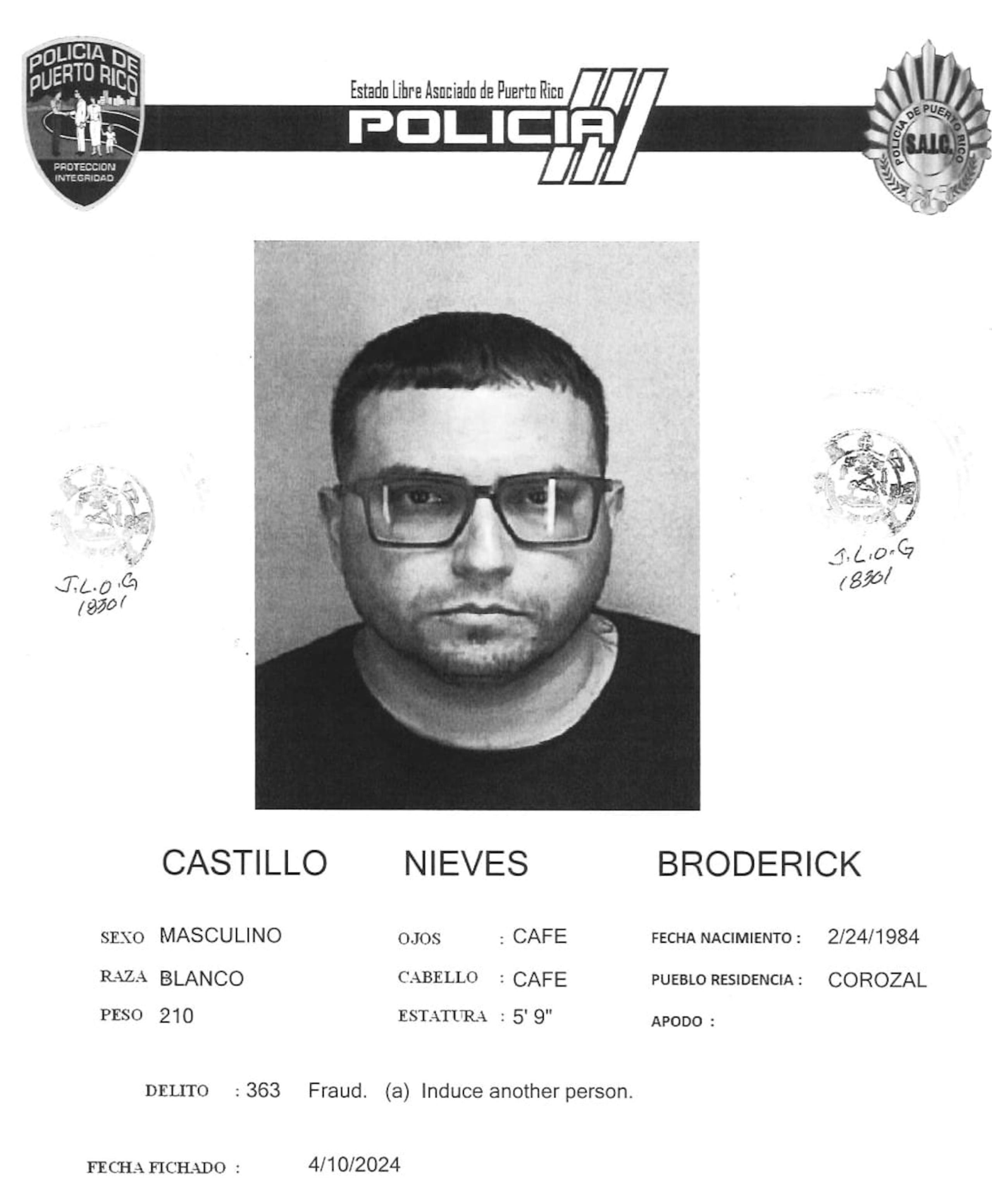 Broderick J. Castillo Nieves de 40 años, fue acusado por la presunta vender una residencia que no era suya en la urbanización Royal Palm, en Bayamón. Si usted ha sido víctima del imputado puede llamar al teléfono (787) 269-2424 extensiones 1610, 1550, 1551 y 1552.