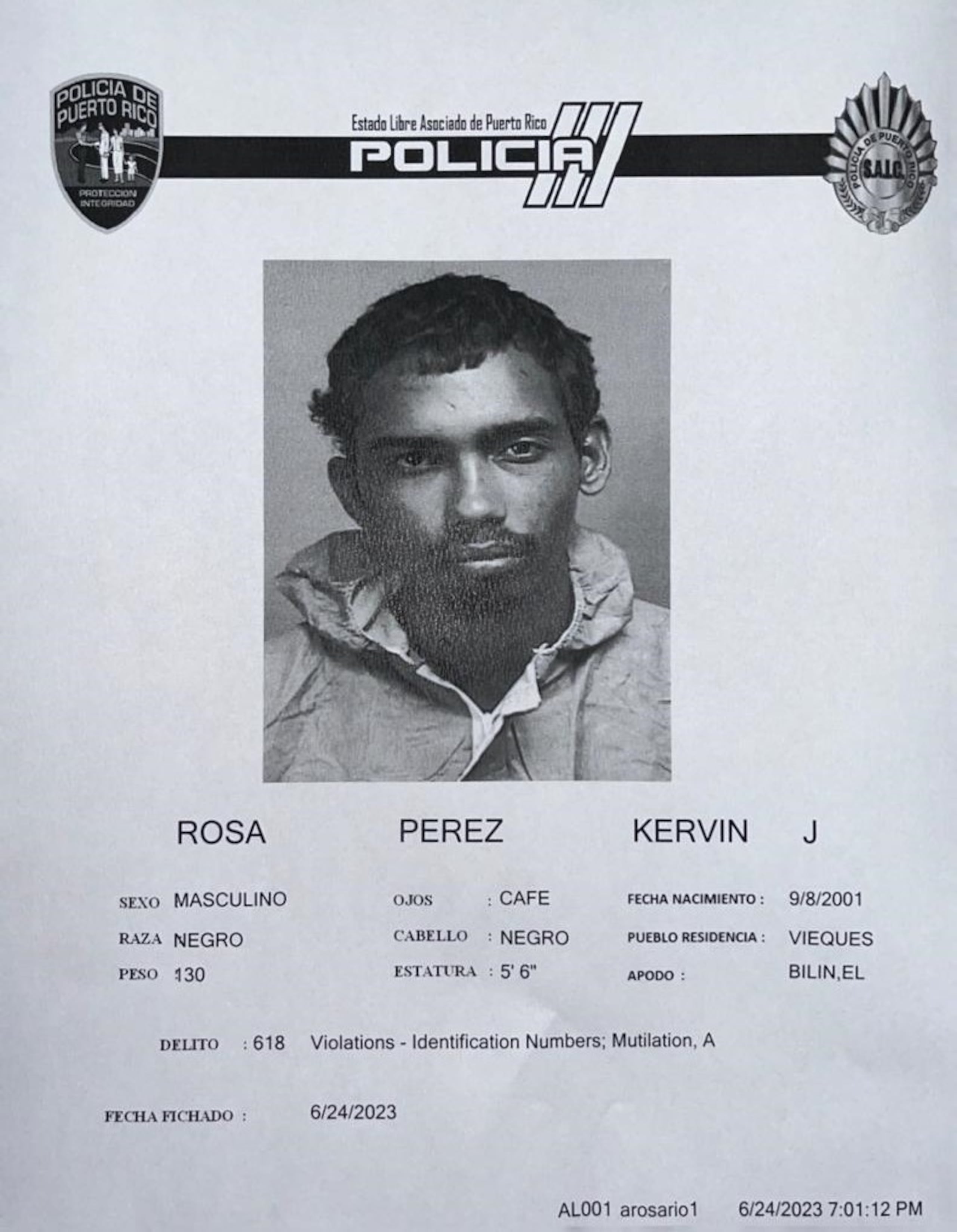 A Kervin J Rosa Pérez se le imputan cargos de tentativa de asesinato, apropiación ilegal, entre otros, luego de agredir a un policía en medio de una persecusión por un vehículo hurtado en hechos ocurridos en Vega Baja.