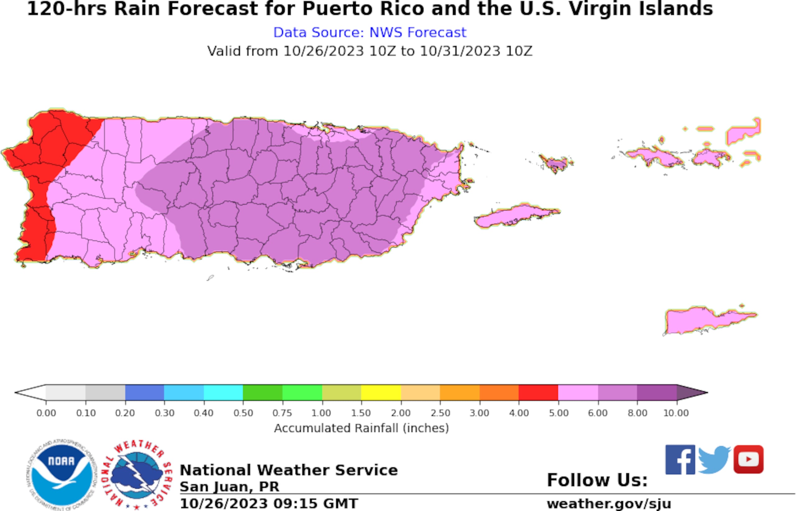 Totales estimados de lluvia que se esperan de aquí al martes próximo.