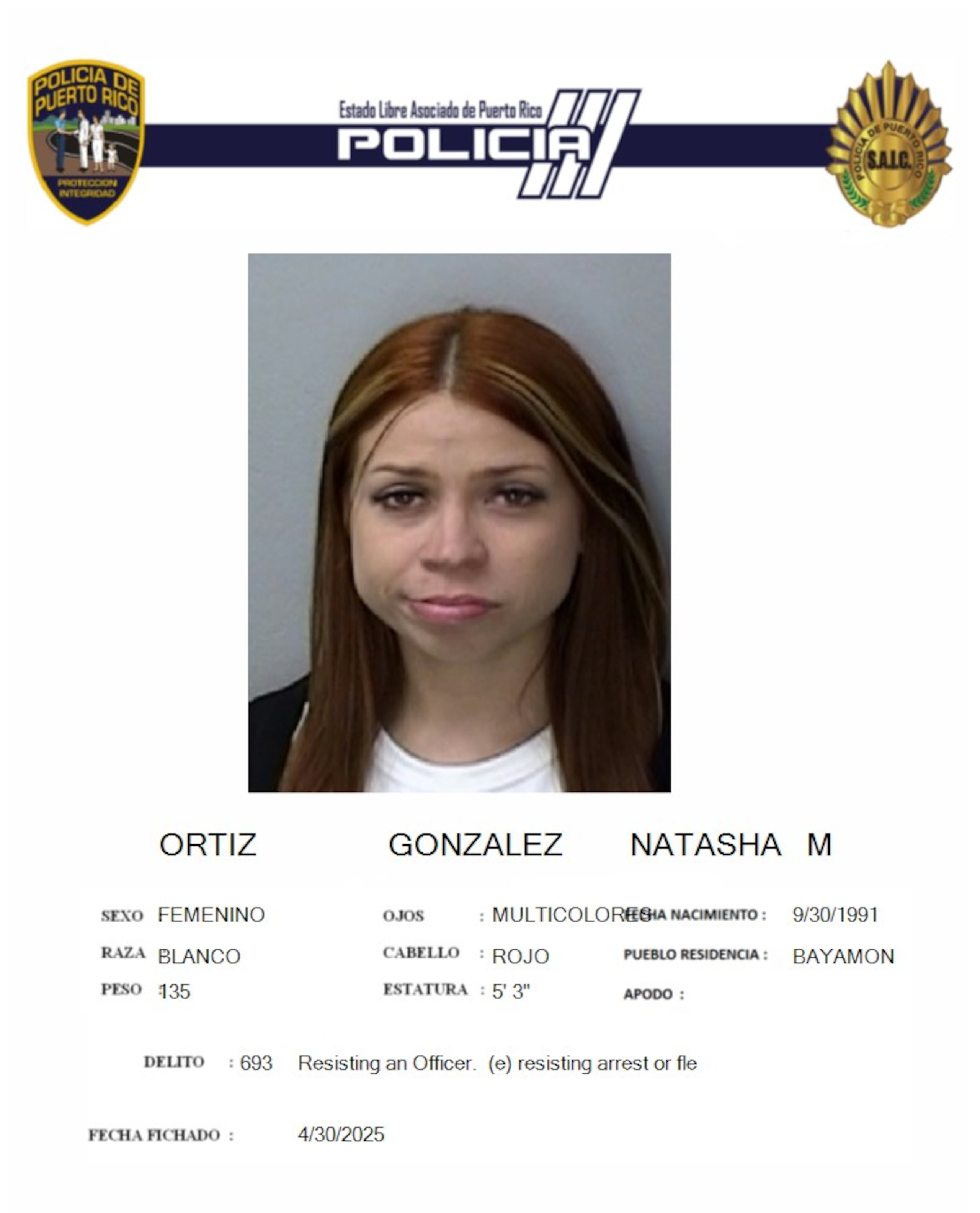 Natasha M. Ortiz González, fue acusada por empleo de violencia contra la autoridad pública, agresión grave y resistencia u obstrucción a la autoridad pública.