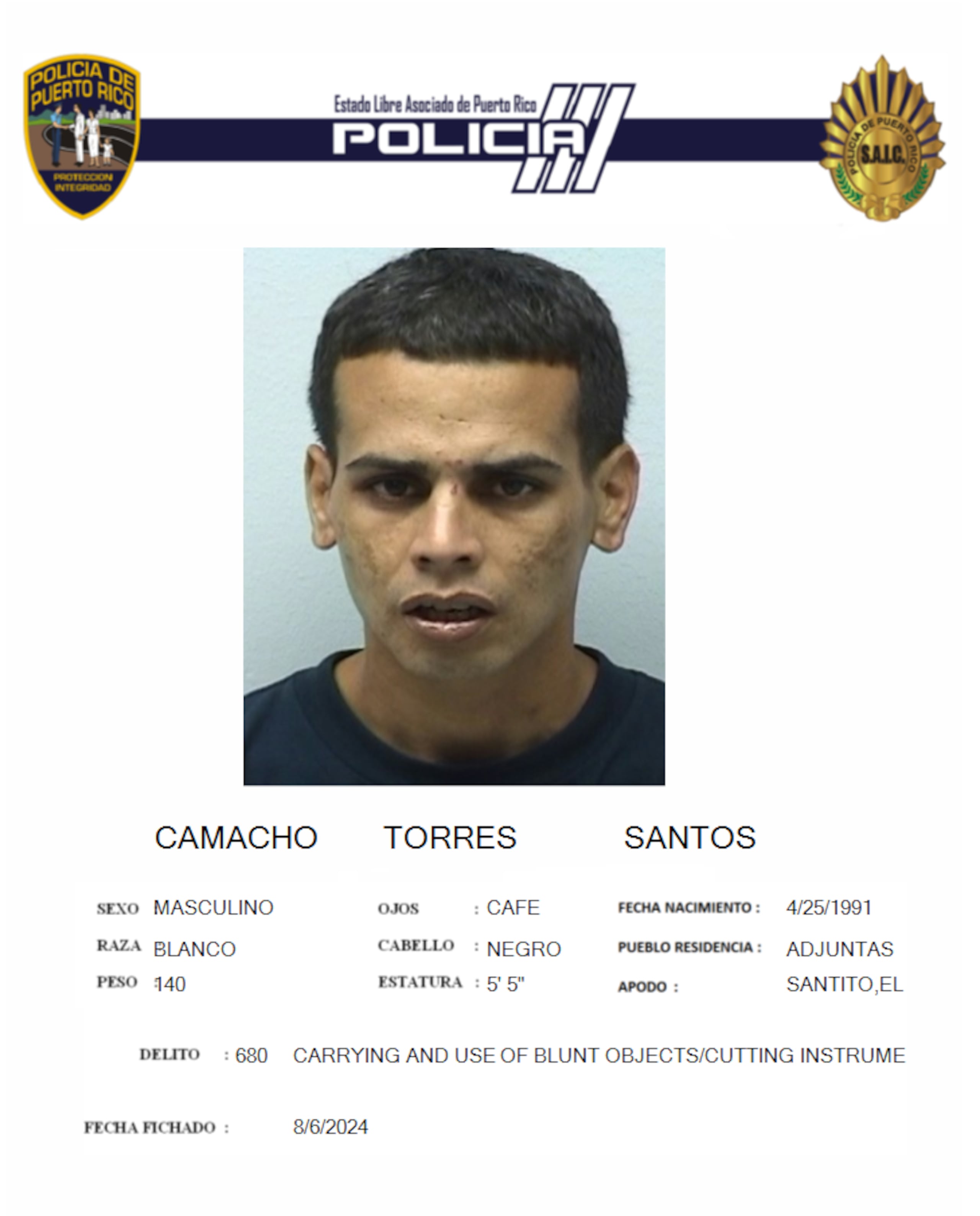 Santos Camacho Torres fue acusado por intento de asalto a un negocio en Adjuntas, entre otros delitos.