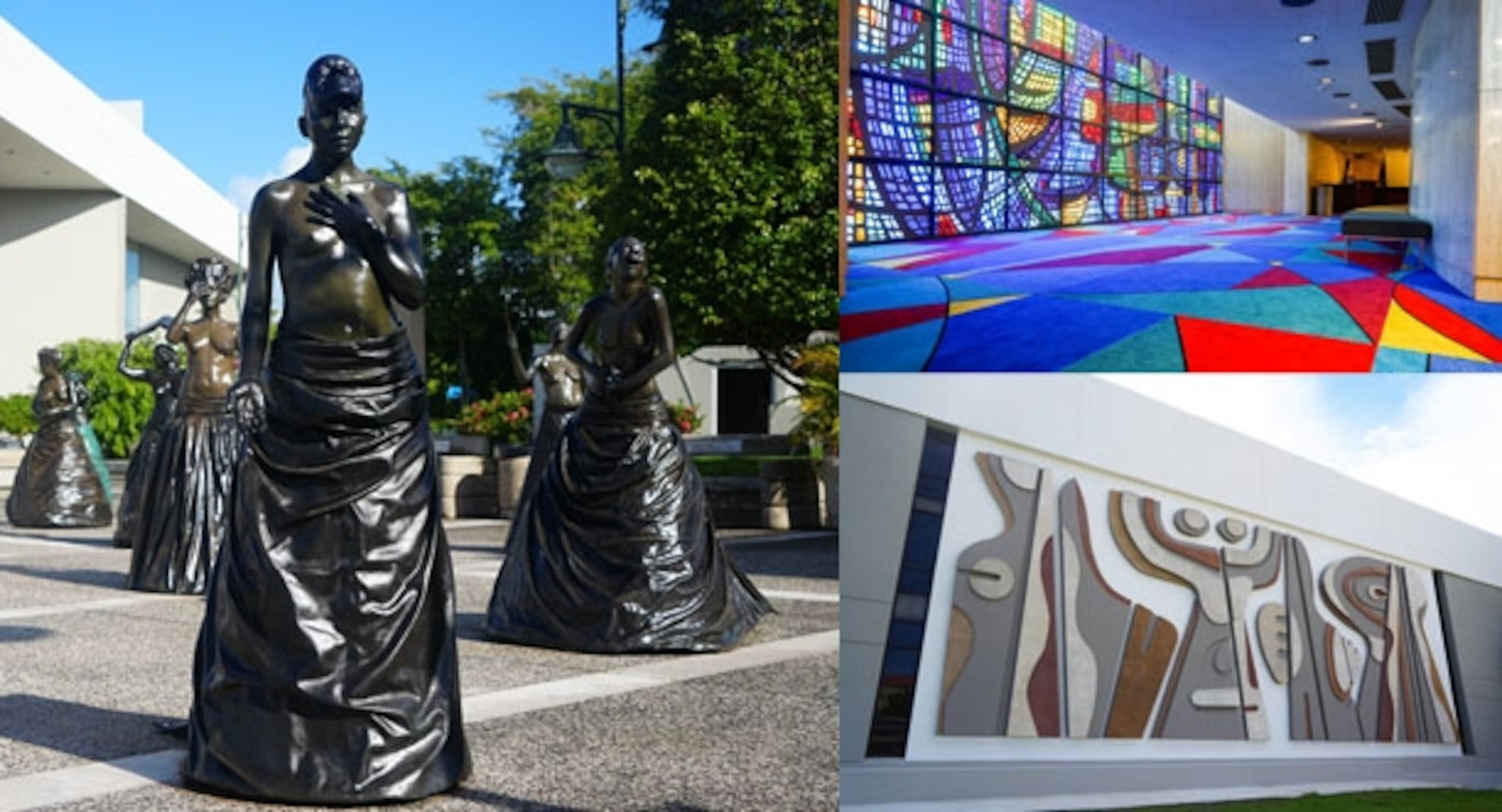 Sobre estas líneas, como parte de las mejoras al CBA Luis A. Ferré, se restauró la obra “Musas”, un conjunto de nueve esculturas en bronce de la artista Annex Burgos. A la derecha, arriba, se aprecian el cambio de alfombras de la Sala de Teatro René Marqués y, de fondo, el vitral “Forma y Trópico”, de Luis Hernández Cruz. A la derecha, abajo, el mural “Las Musas”, obra del artista Augusto Marín.