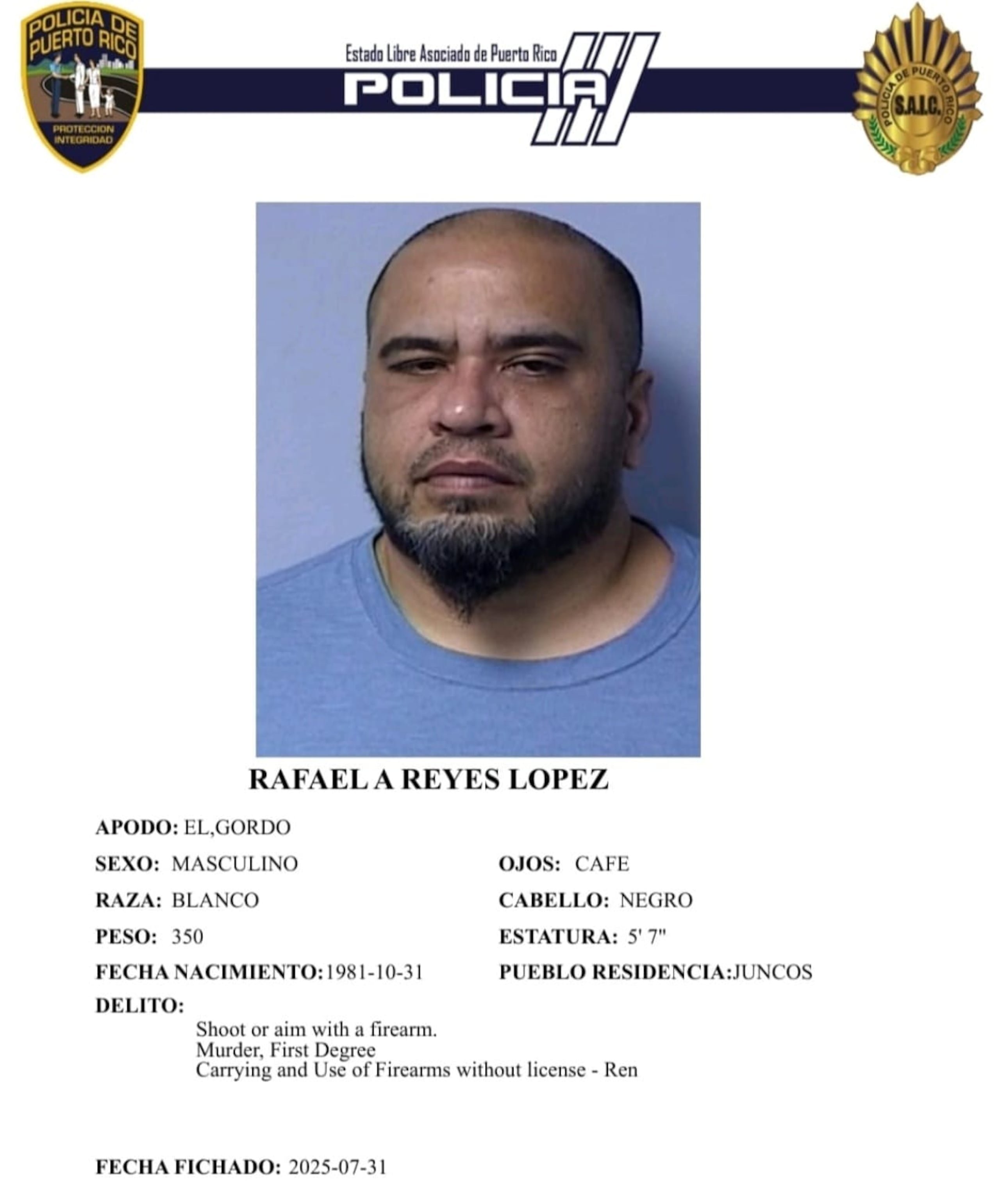 El fugitivo Rafael A. Reyes López, acusado en ausencia por un asesinato en Las Piedras hace más de 20 años, fue capturado en Juncos.
