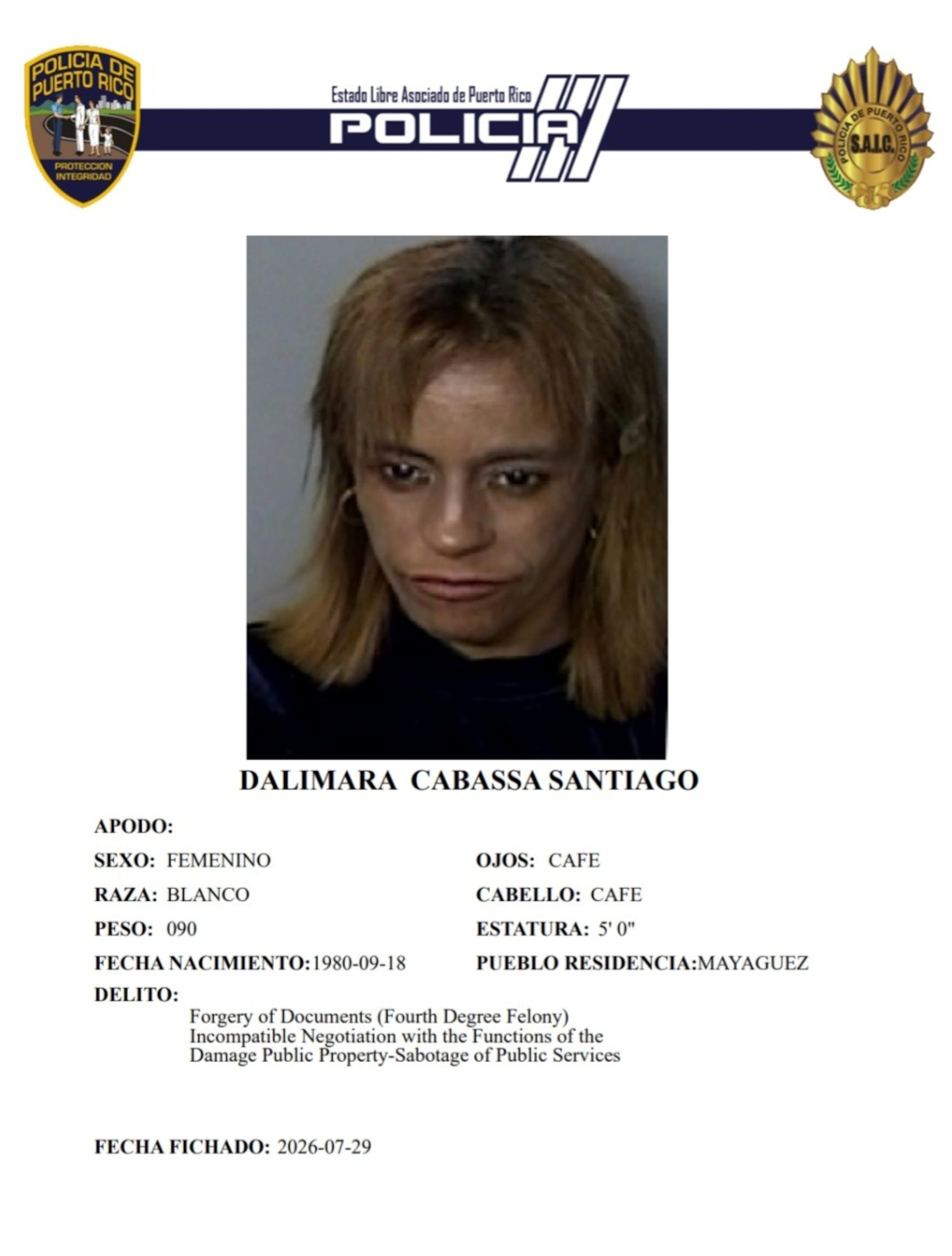Contra Dalimara Cabassa Santiago pesaba una orden de arresto por cargos de apropiación ilegal grave, fraude y falsificación de documentos, con una fianza de $150,000.