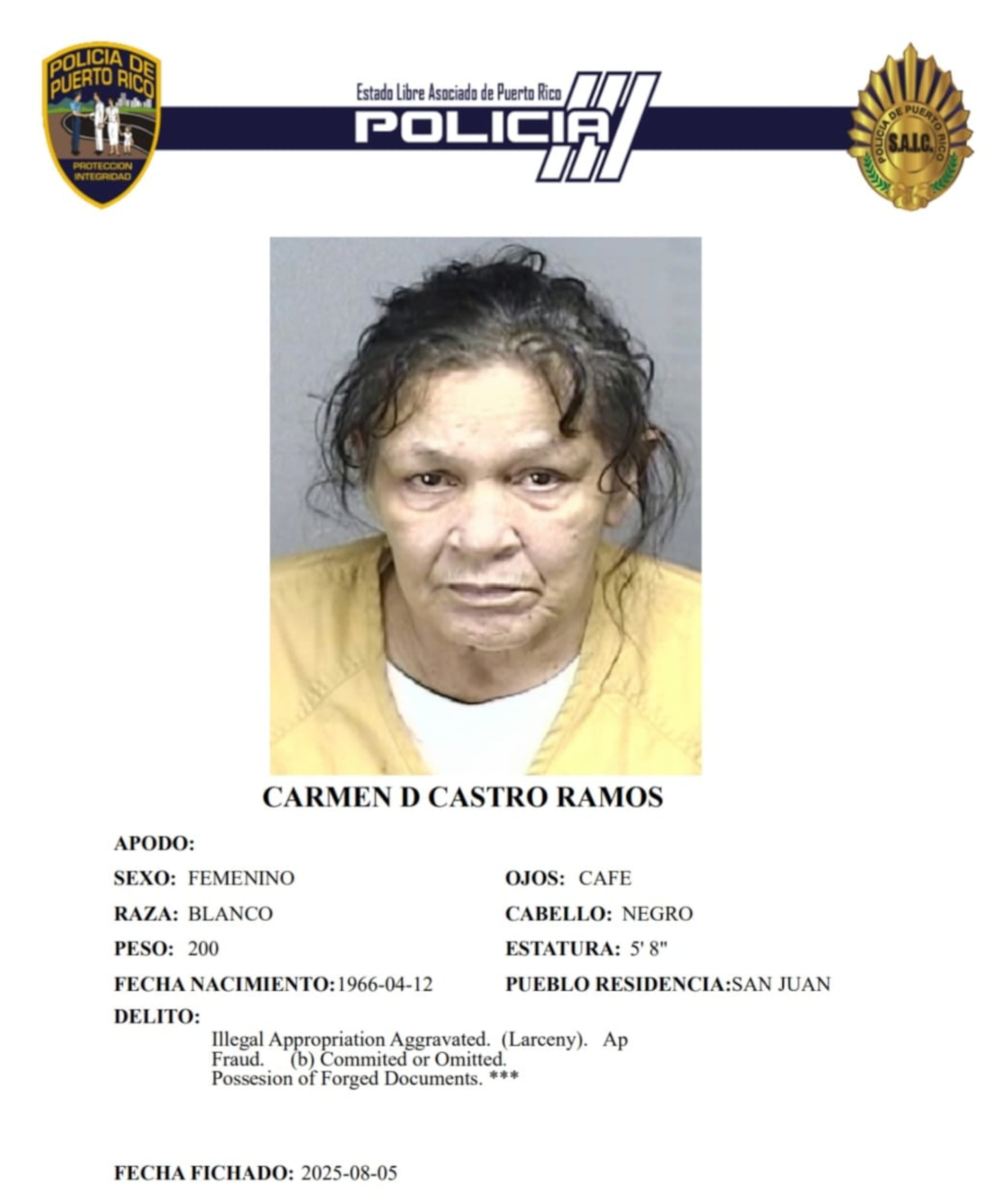 Carmen D. Castro Ramos, enfrenta cargos por apropiación ilegal agravada, fraude, falsificación de documentos y fraude a una persona de edad avanzada.