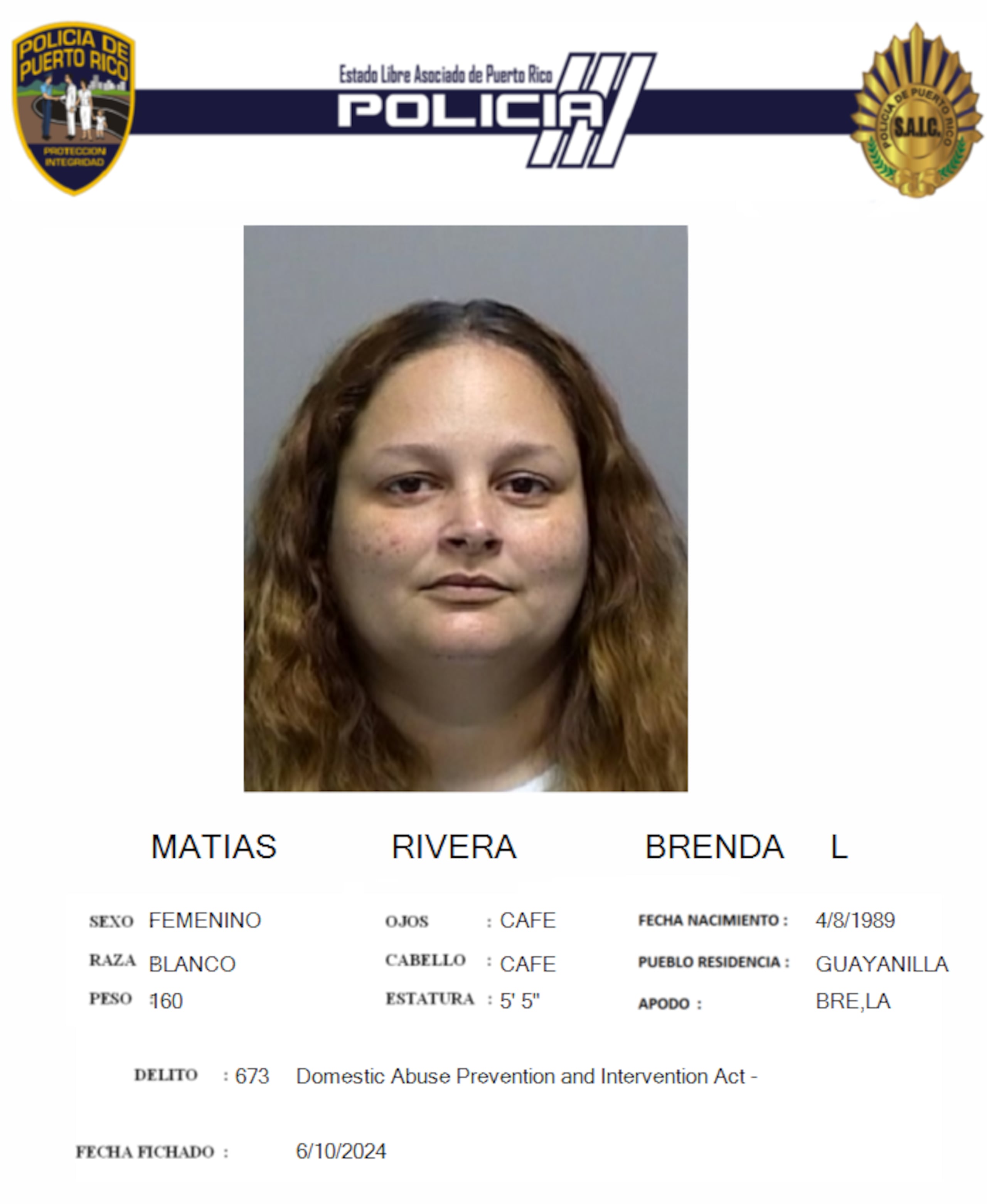 Brenda L. Matías Rivera enfrenta un cargo de maltrato bajo la Ley para la Prevención e Intervención con la Violencia Doméstica.