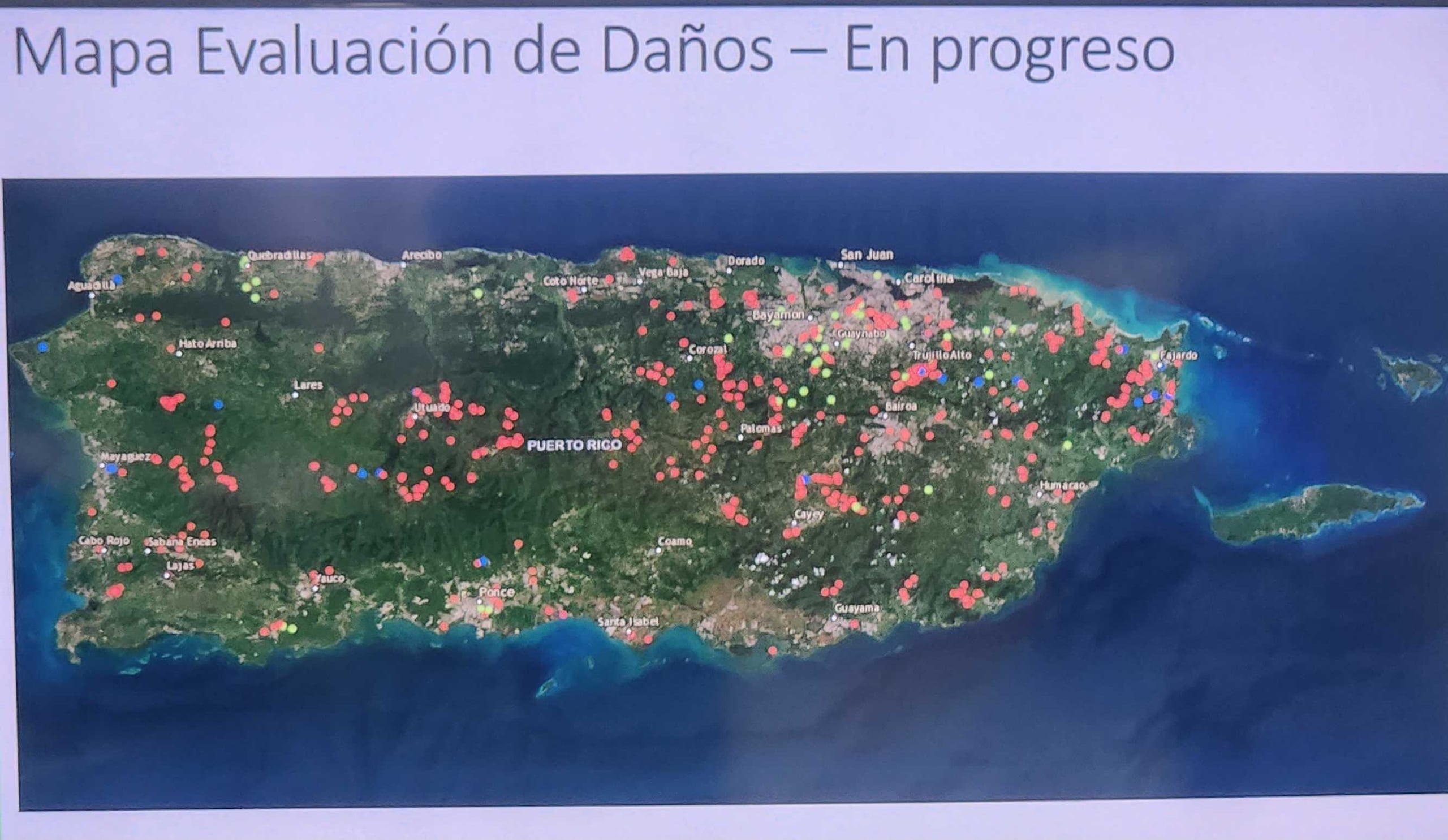 Mapa de evaluación de daños mostrado por LUMA Energy en conferencia de prensa en la que se habló de los esfuerzos de recuperación tras la tormenta Ernesto.