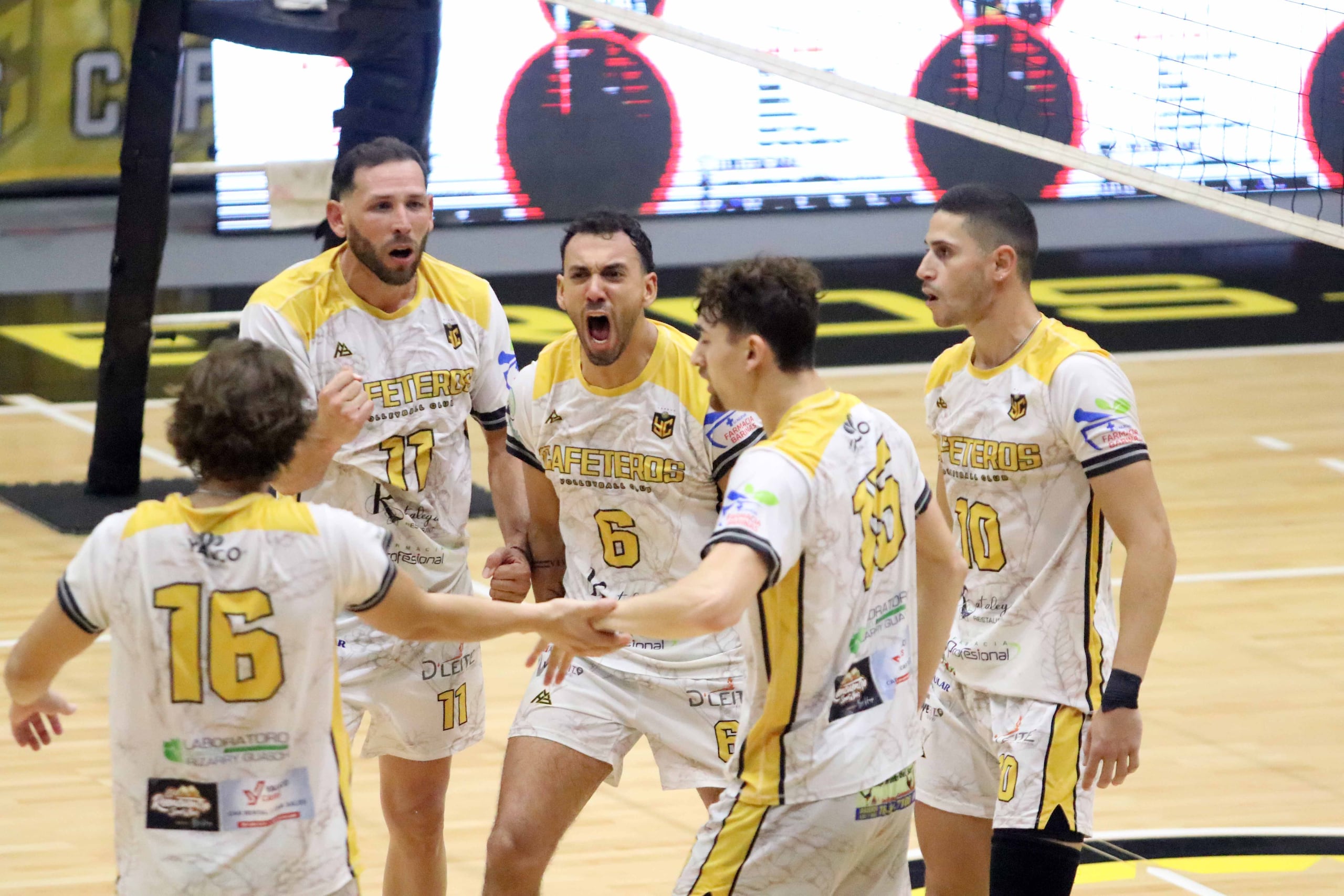 Los Cafeteros de Yauco celebran un punto frente a los Plataneros de Corozal en el Voleibol Superior.