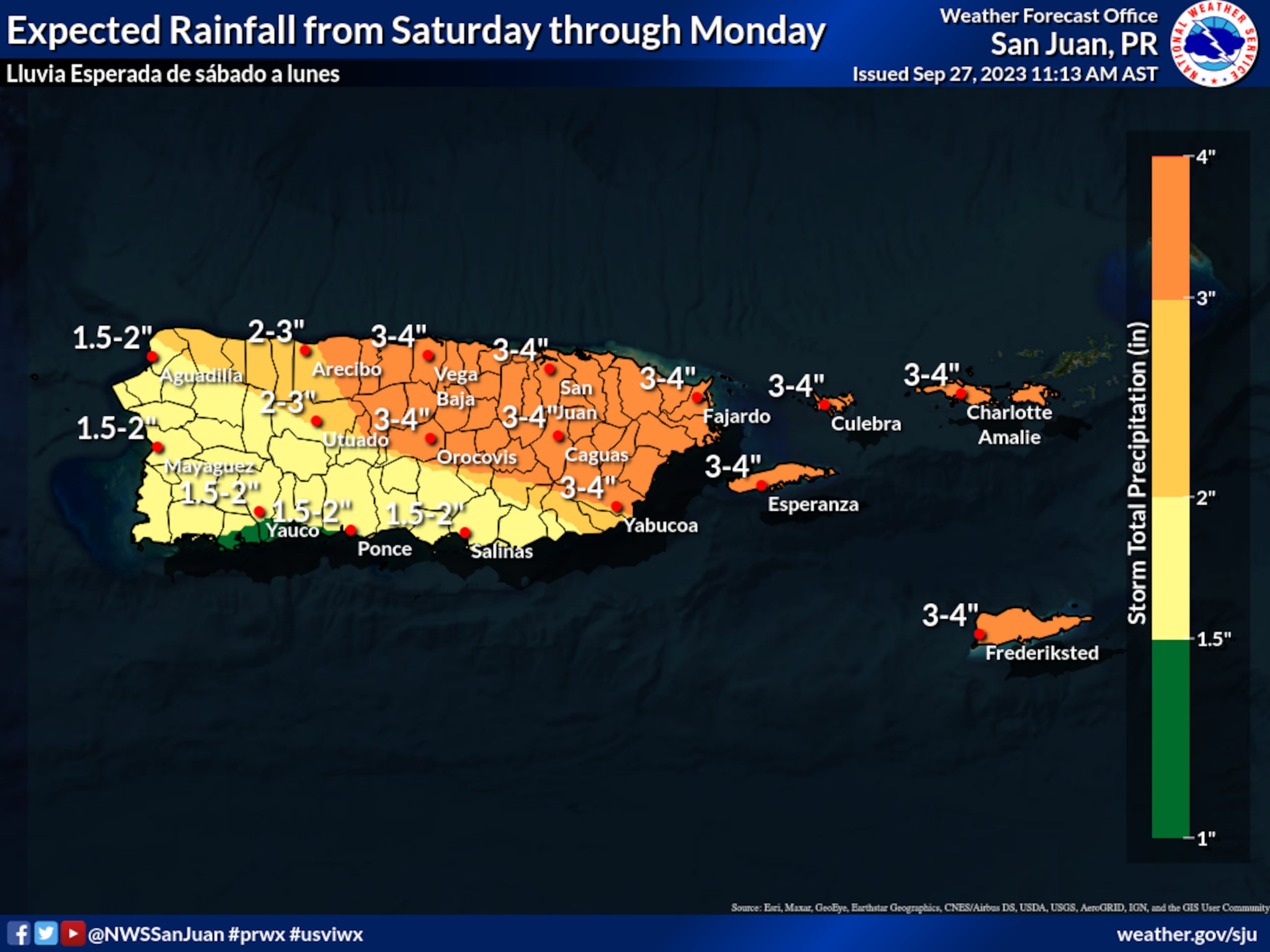 Estimados de lluvia respecto al paso de los remanentes de Philippe desde el sábado 30 de septiembre hasta el lunes 2 de octubre.