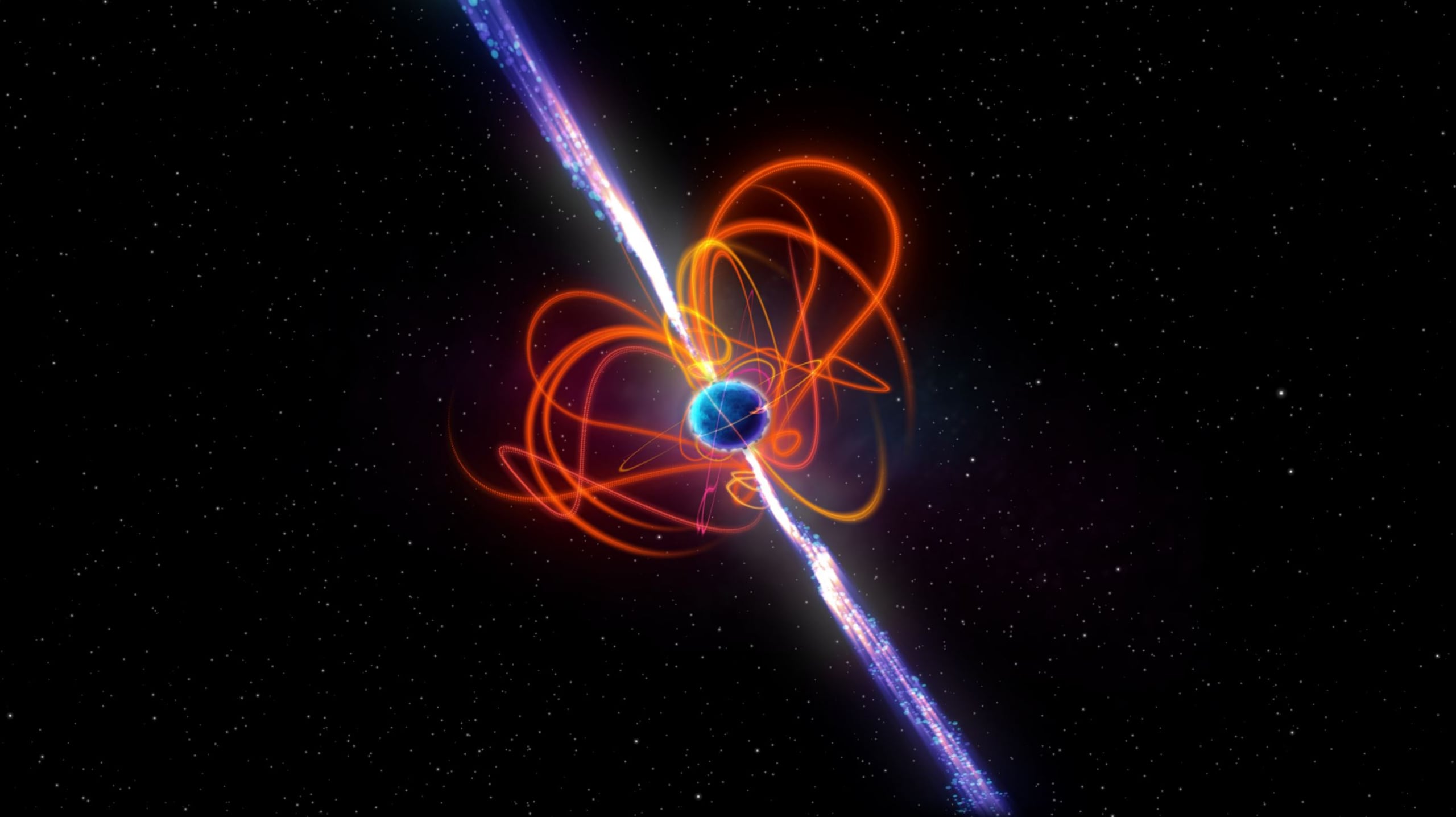 Impresión artística del magnetar de periodo ultralargo. Los astrónomos descubrieron el objeto utilizando el Murchison Widefield Array (MWA), un radiotelescopio situado en Wajarri Yamaji Country, en el interior de Australia Occidental. Crédito: ICRAR