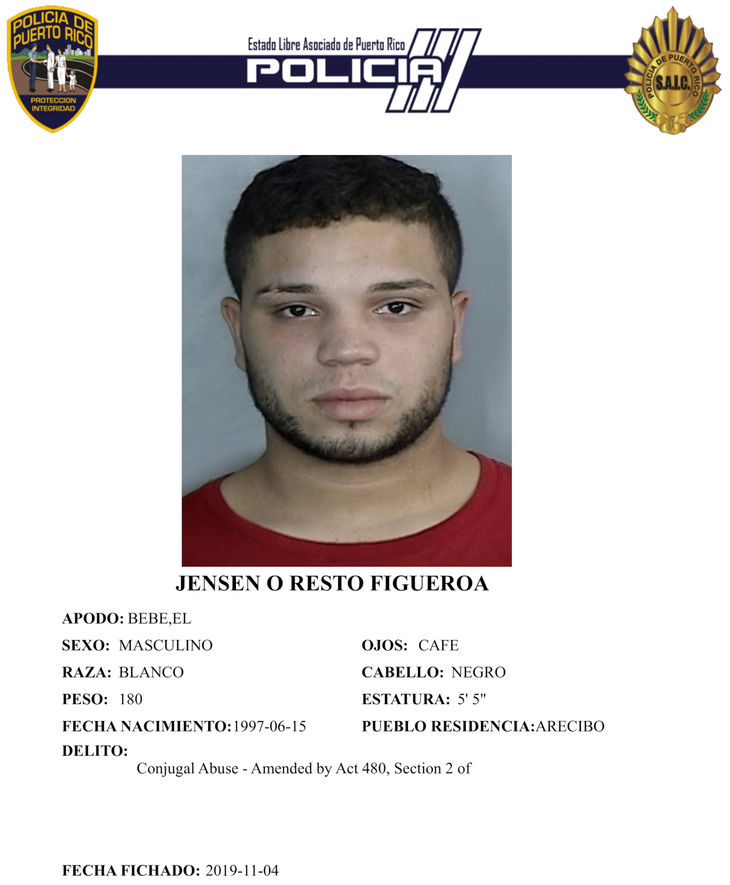 Ficha policíaca del imputado, Jensen O. Resto Figueroa, de 28 años.