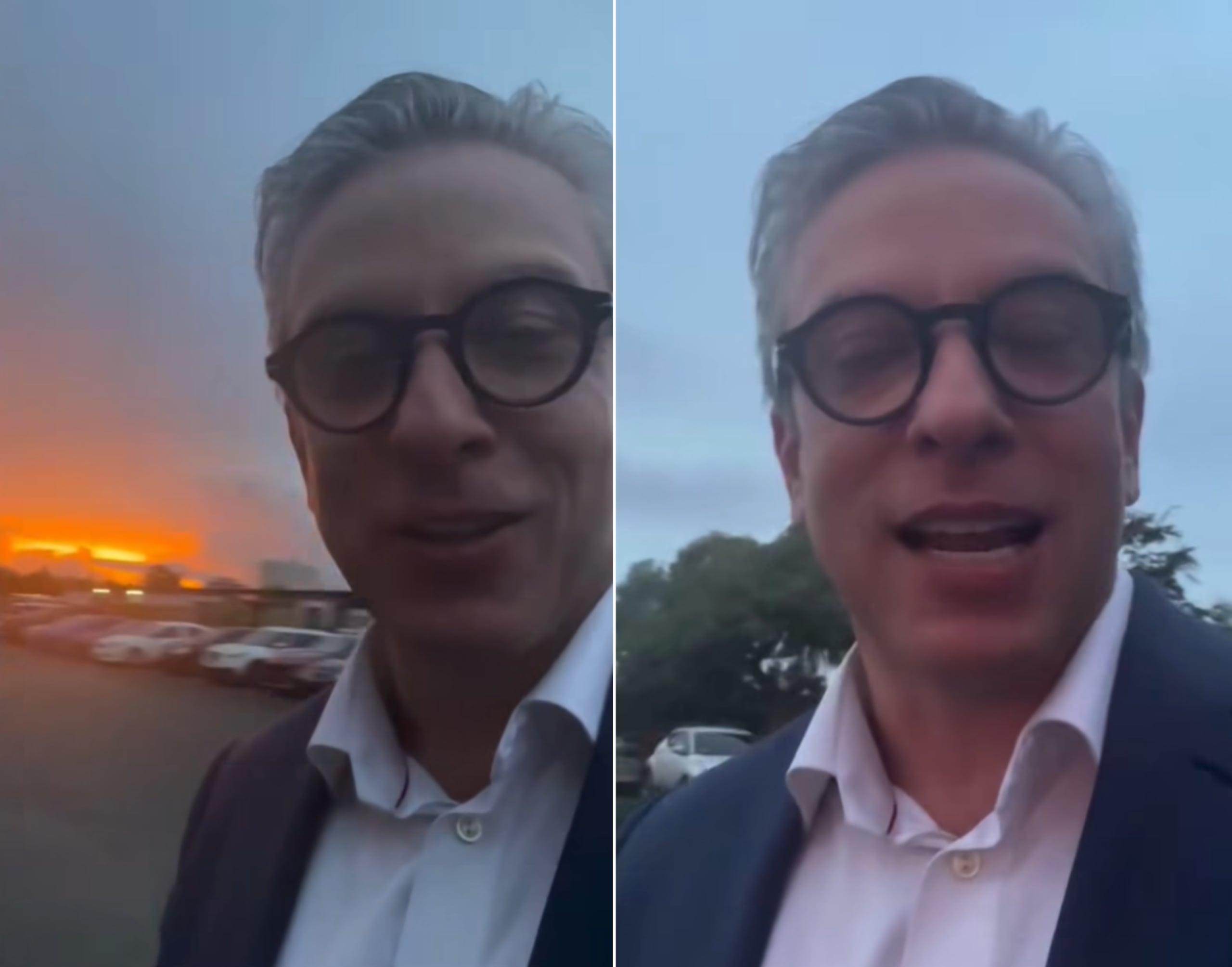 Alejandro García Padilla con el amanecer de fondo tras trabajar como voluntario para el conteo del voto adelantado.