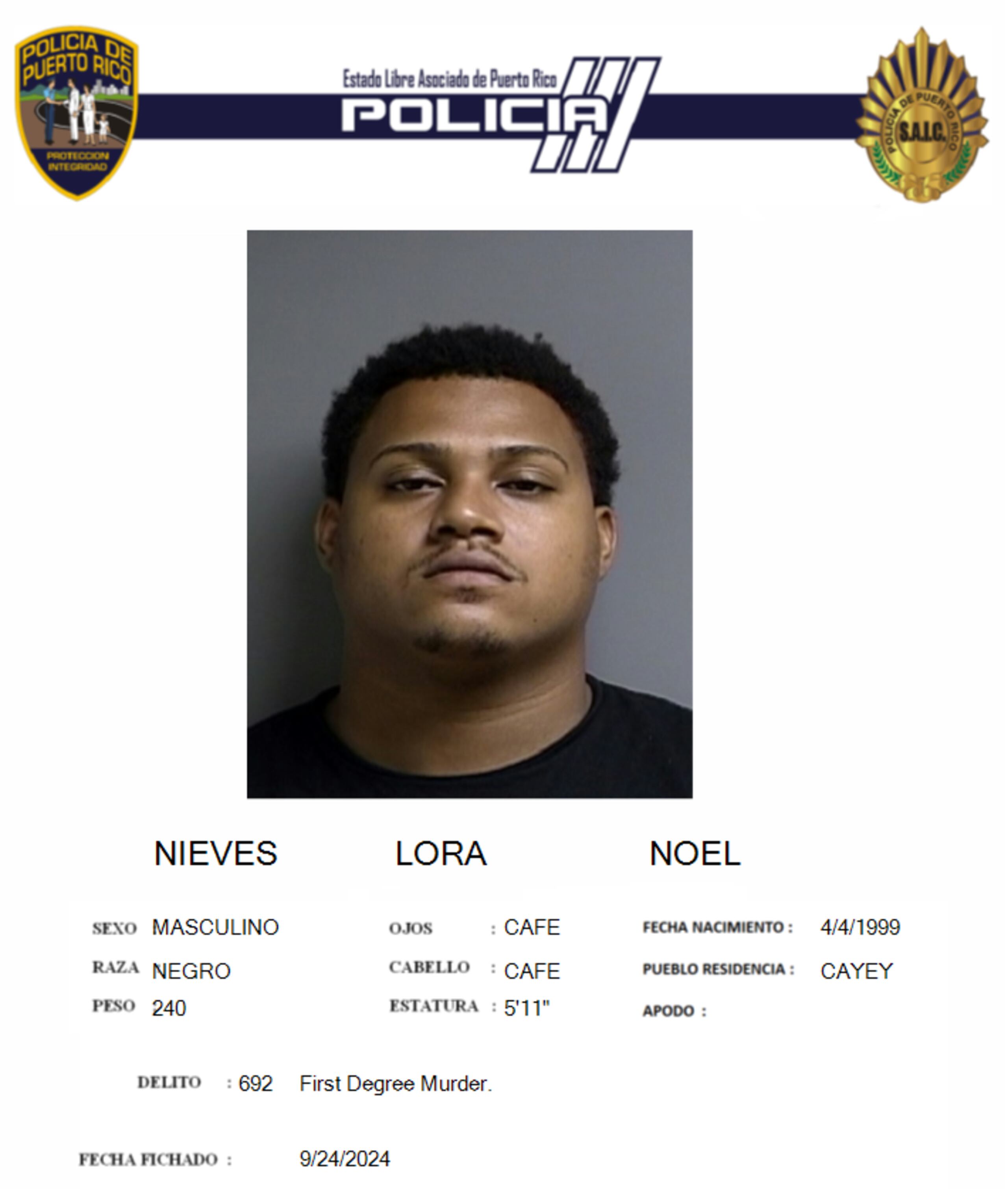 Noel Nieves Lora, integrante de la ganga de "Los Viraos", enfrenta acusaciones por asesinato y violación a la Ley de Armas.
