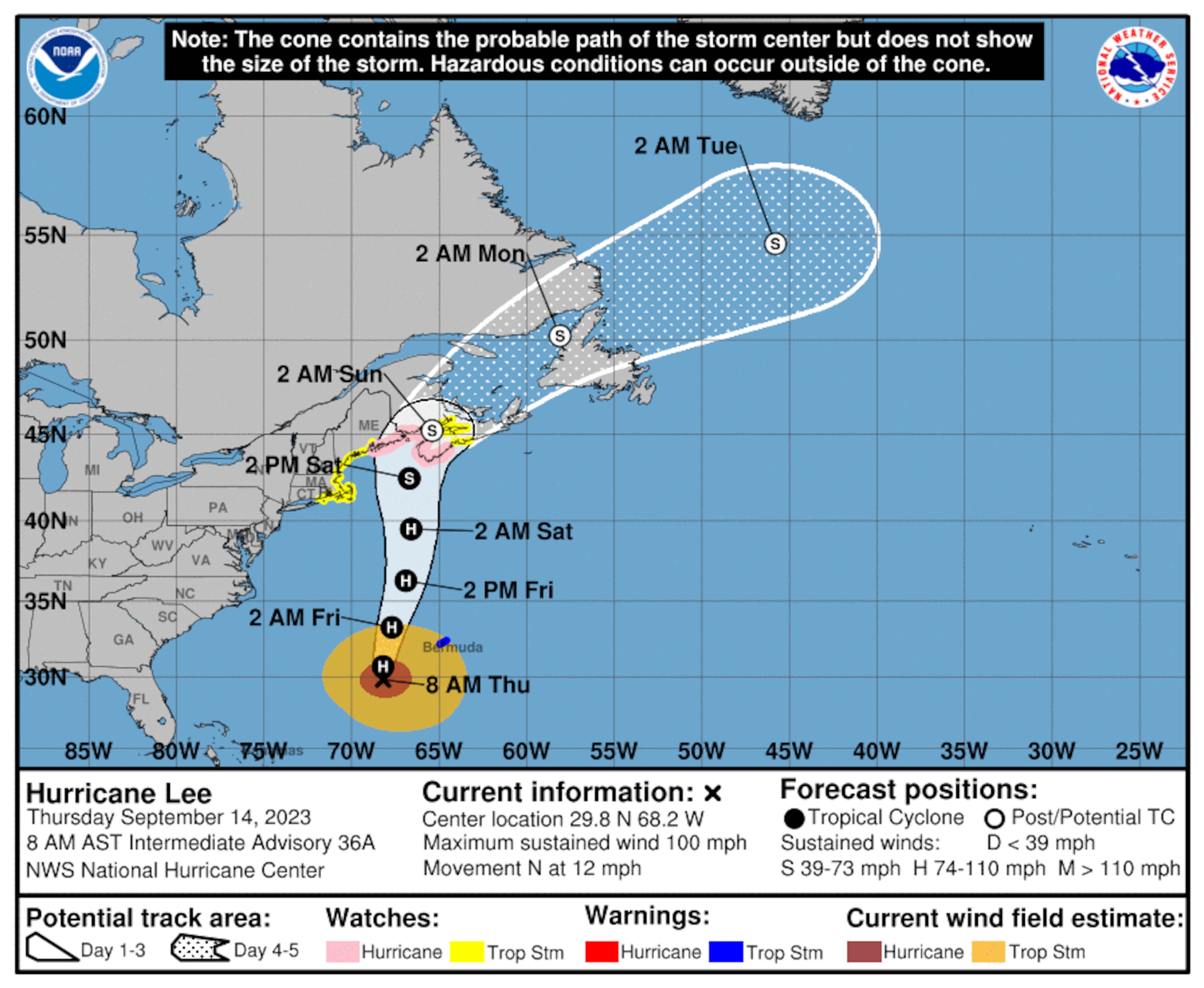 Pronóstico del huracán Lee emitido a las 8:00 de la mañana del 14 de septiembre de 2023.