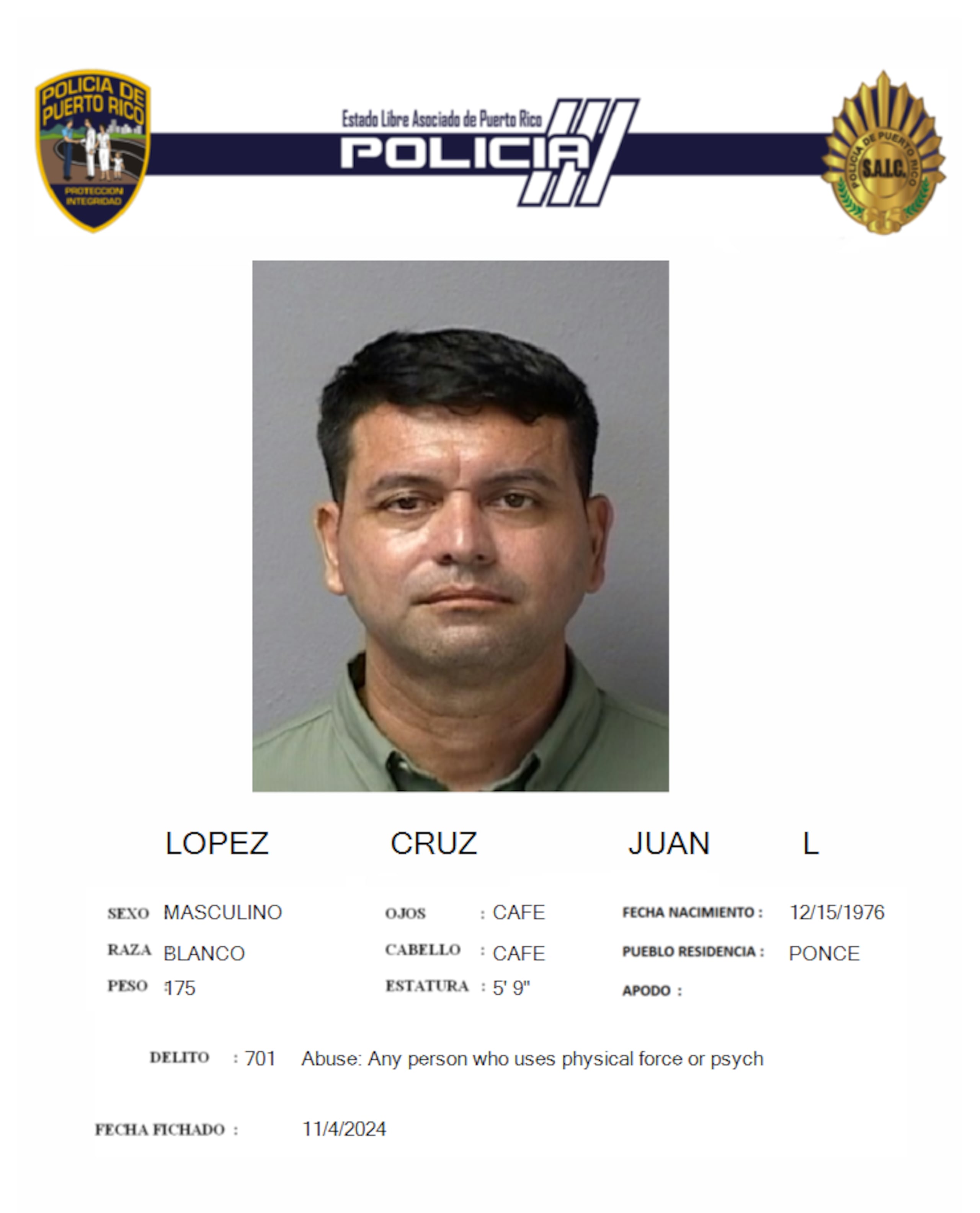 Juan L. López Cruz, enfrenta cargos por violencia doméstica.