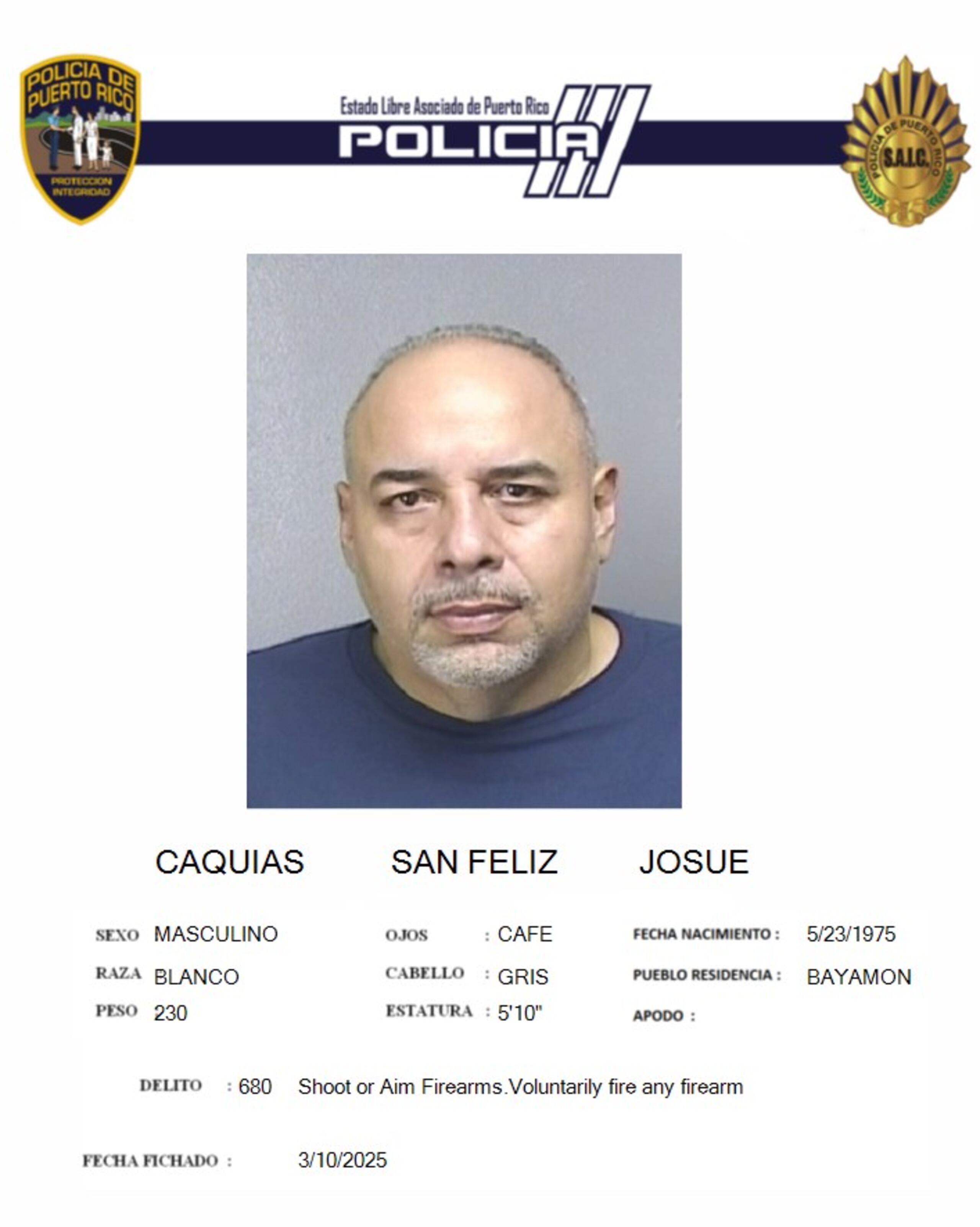 Josué Caquías San Feliz, fue acusado por violación a la Ley de Armas, durante una discusión con su hermano.