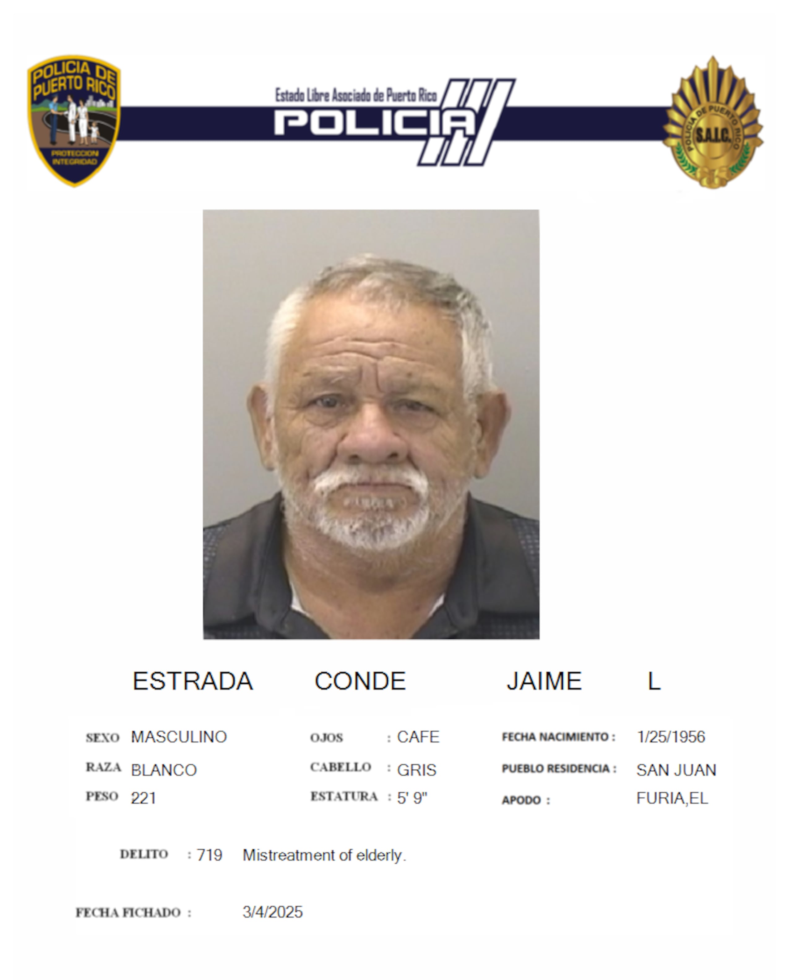 Jaime L. Estrada Conde, enfrenta un cargo de maltrato a persona de edad avanzada,  por la agresión a un octogenario.