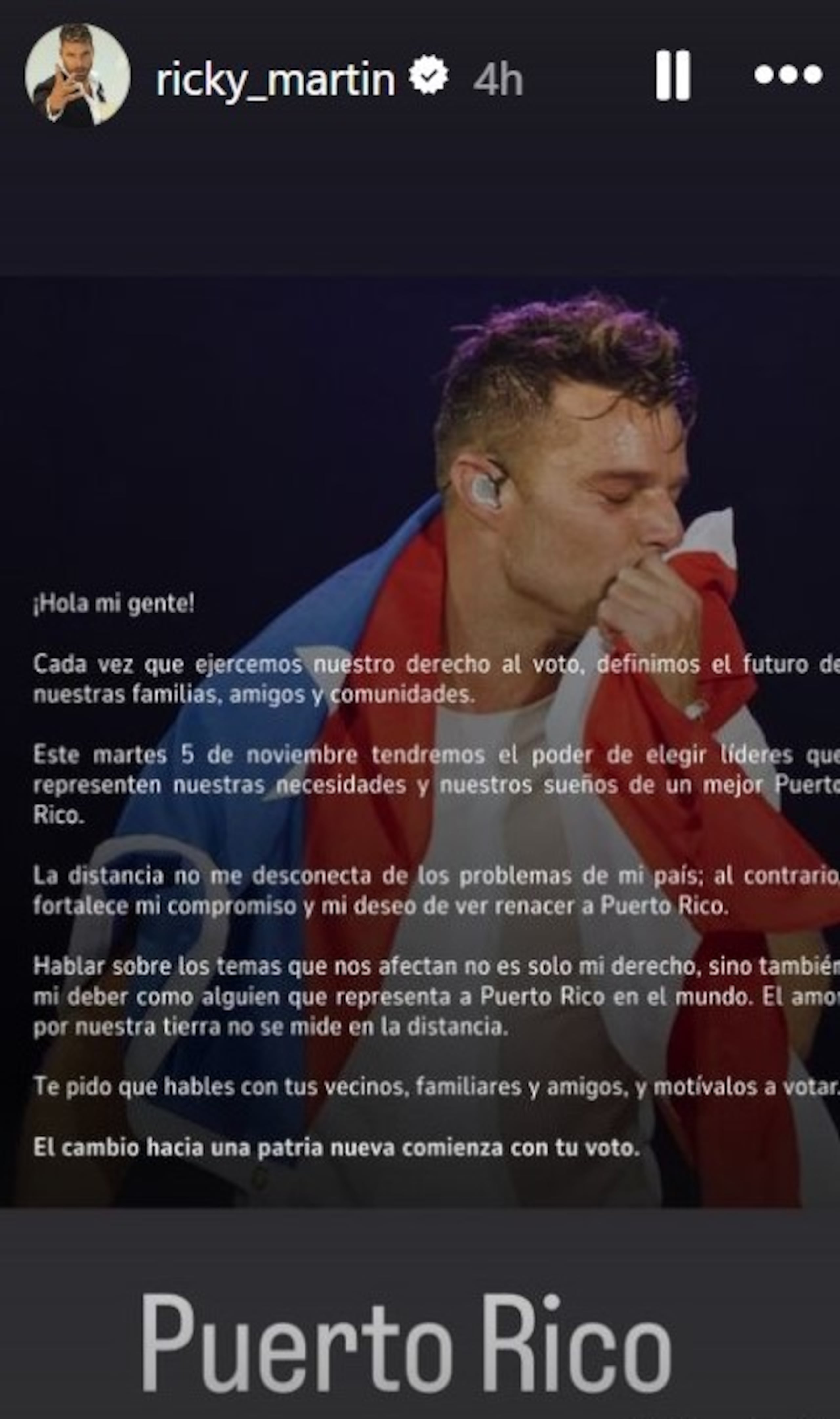 El astro boricua publicó el mensaje en sus historias de Instagram.