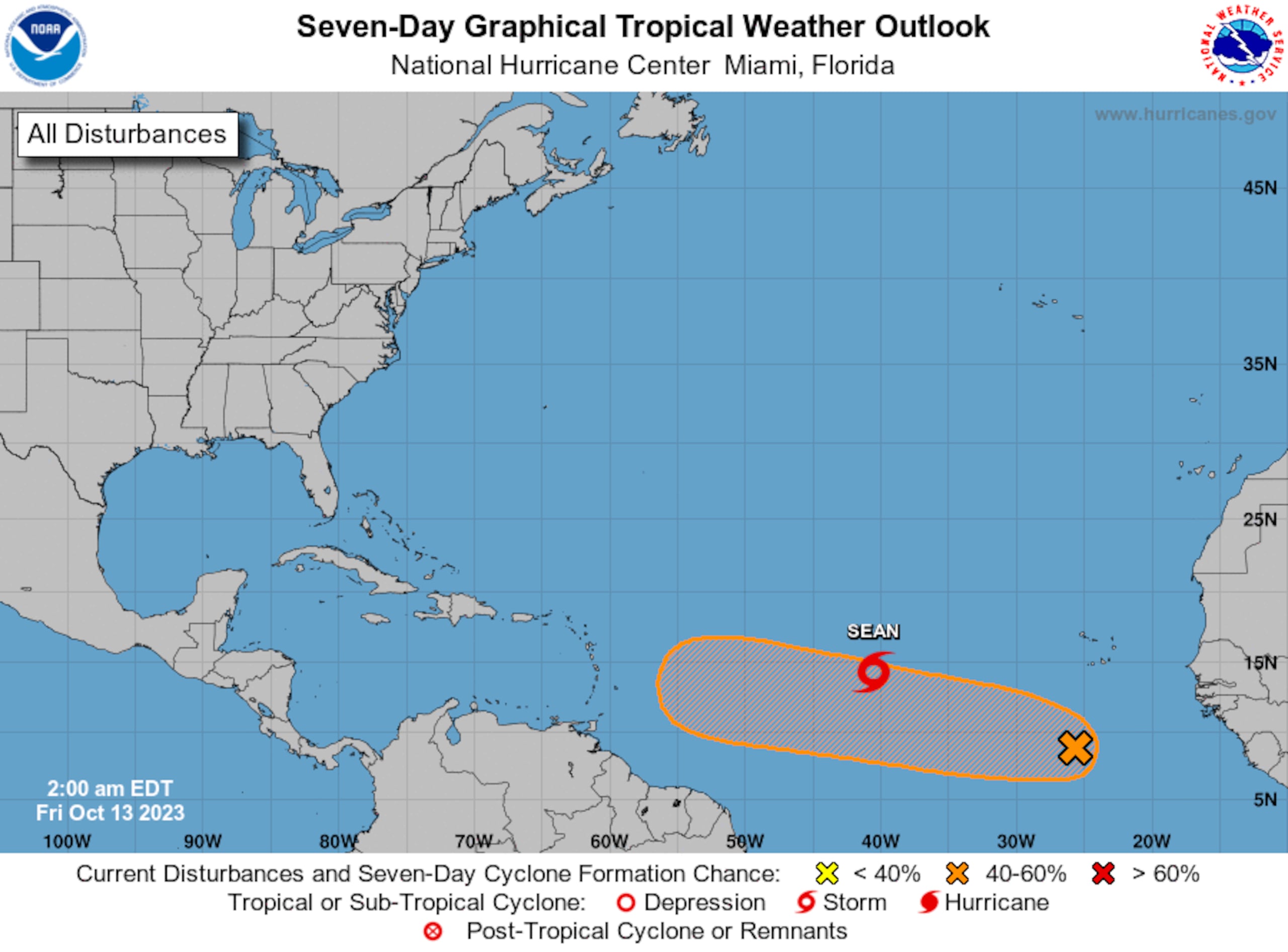 El Servicio Nacional de Meteorología le otorga al disturbio un 60% de desarrollo en los próximos siete días.