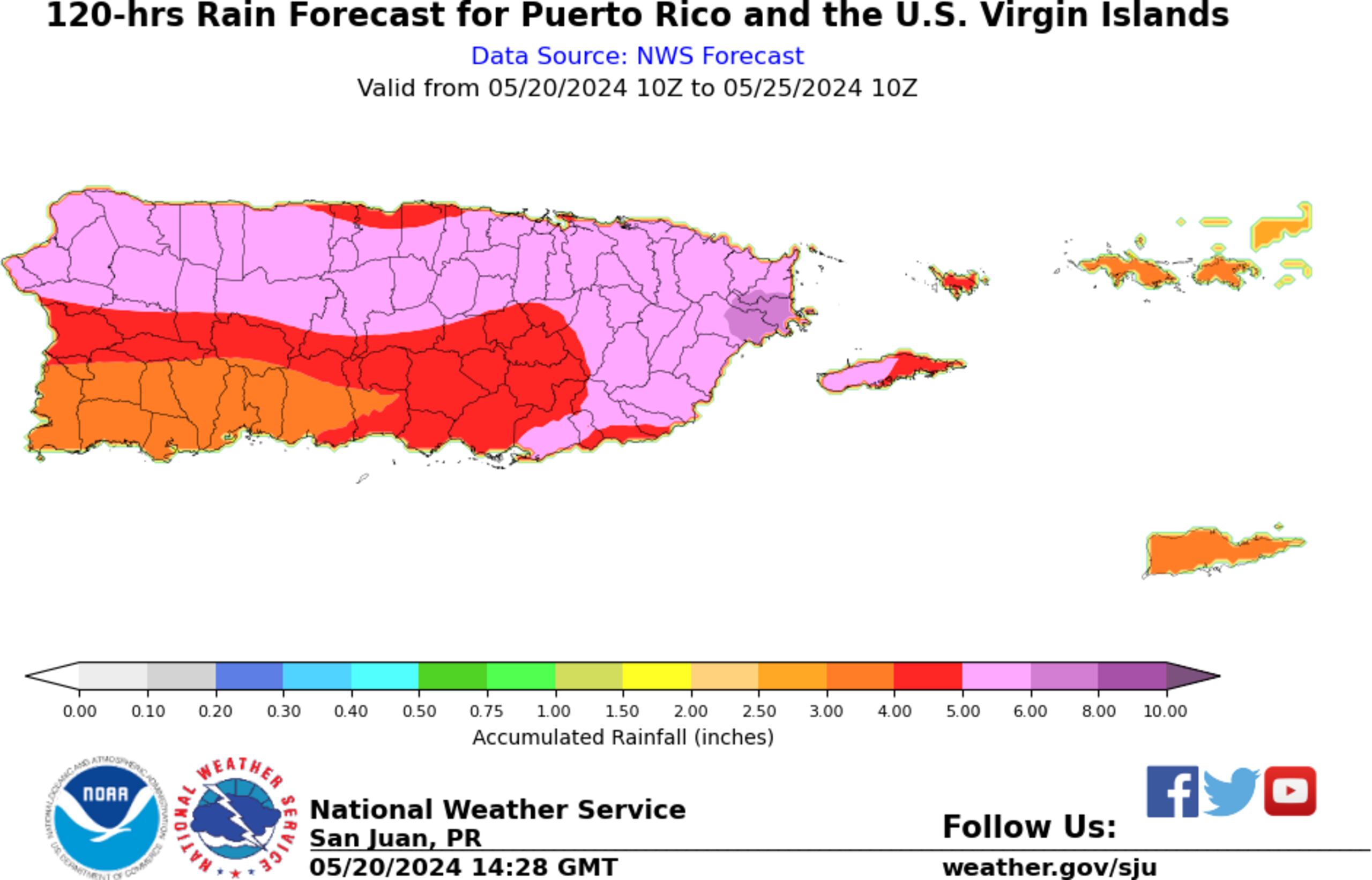 Pronóstico de lluvia para Puerto Rico hasta el sábado 25 de mayo de 2024.