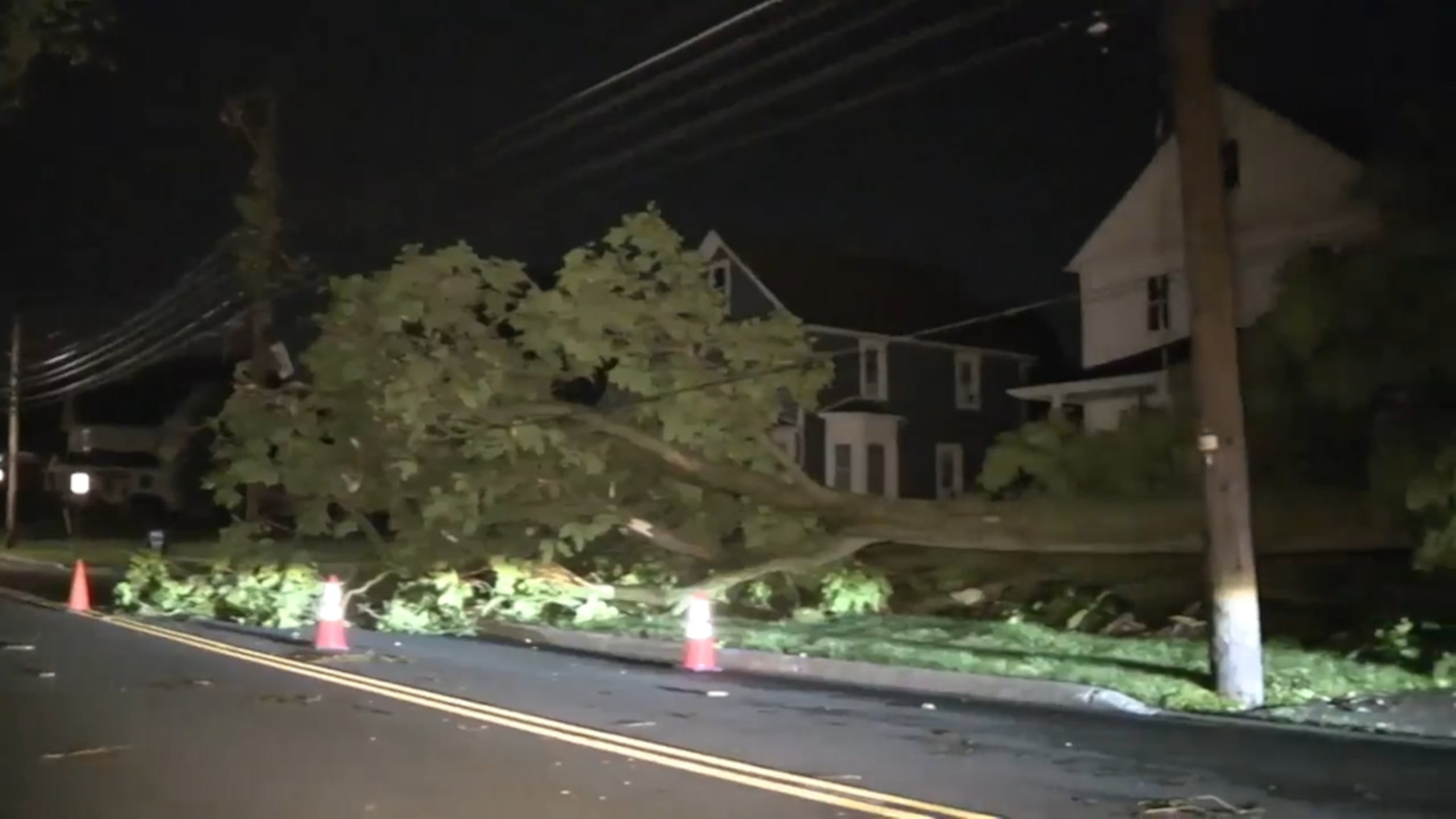 Este fotograma tomado de un video muestra un árbol derribado tras las tormentas que azotaron Amherst, Ohio, al oeste de Cleveland, el miércoles 10 de junio de 2026.
