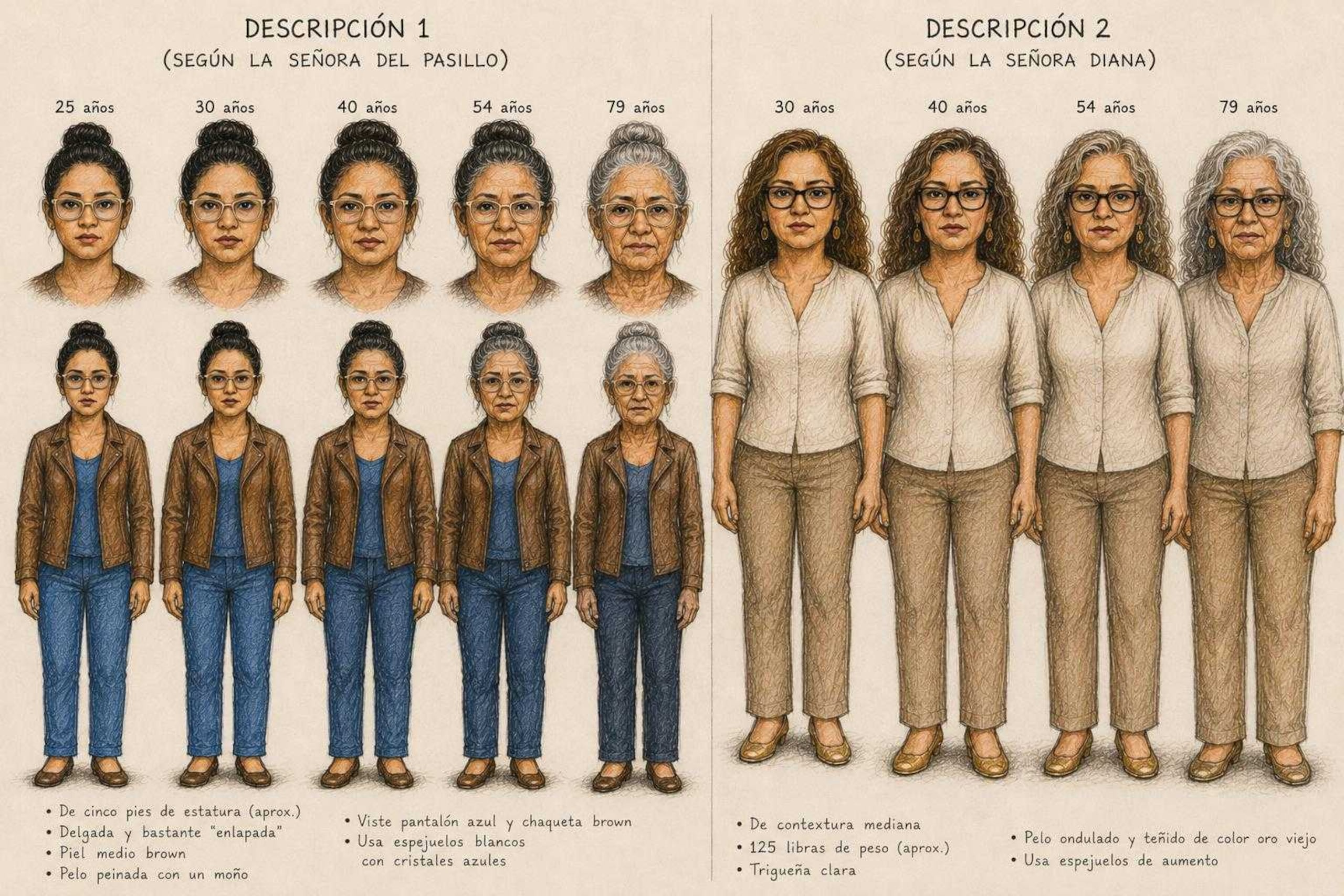 Bocetos creados con inteligencia artificial, a partir de las descripciones de la presunta secuestradora, que brindaron dos testigos a la Policía en aquel entonces.