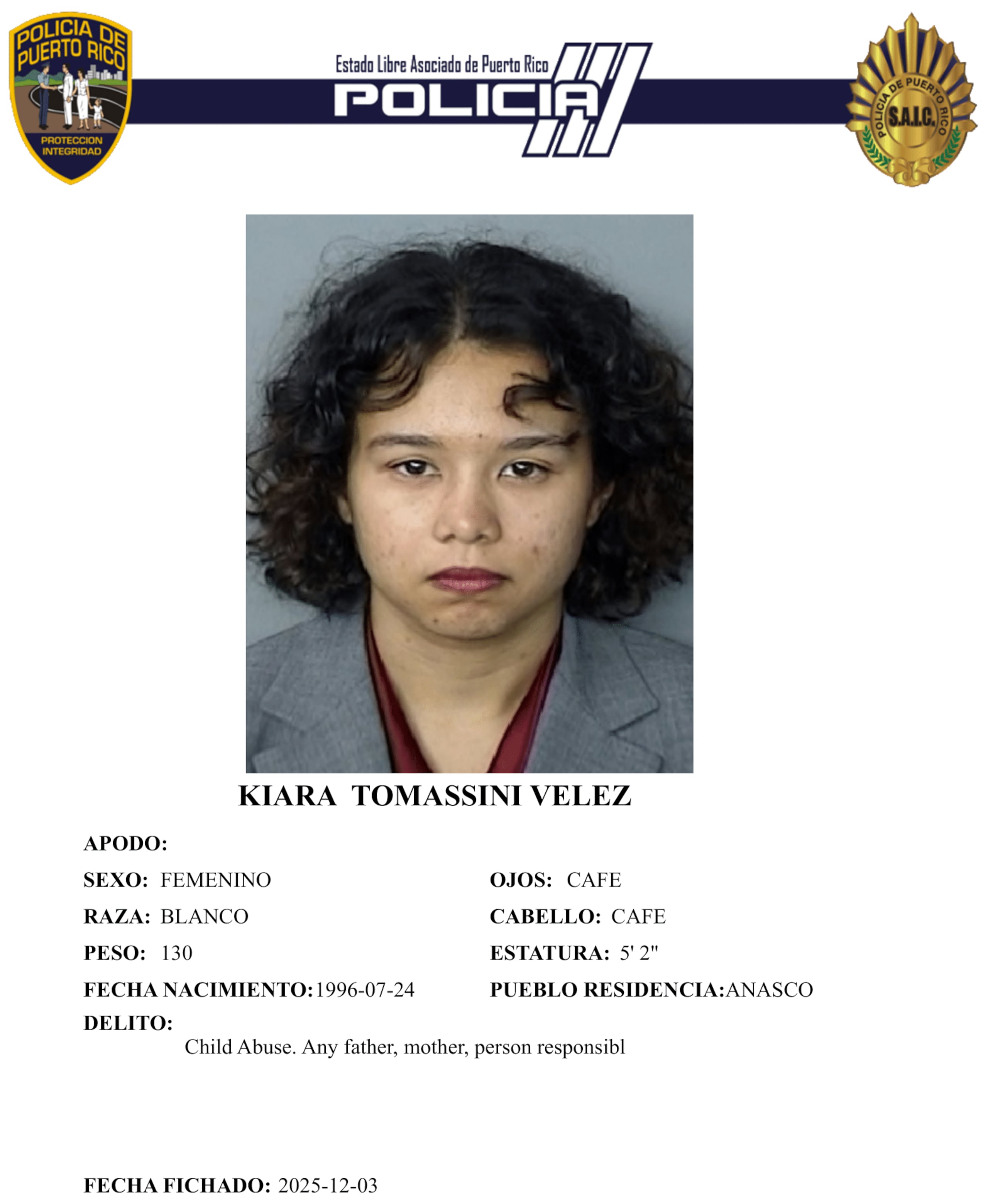 Ficha policíaca de la maestra imputada, Kiara Tomassini Vélez, de 29 años y vecina de Añasco.