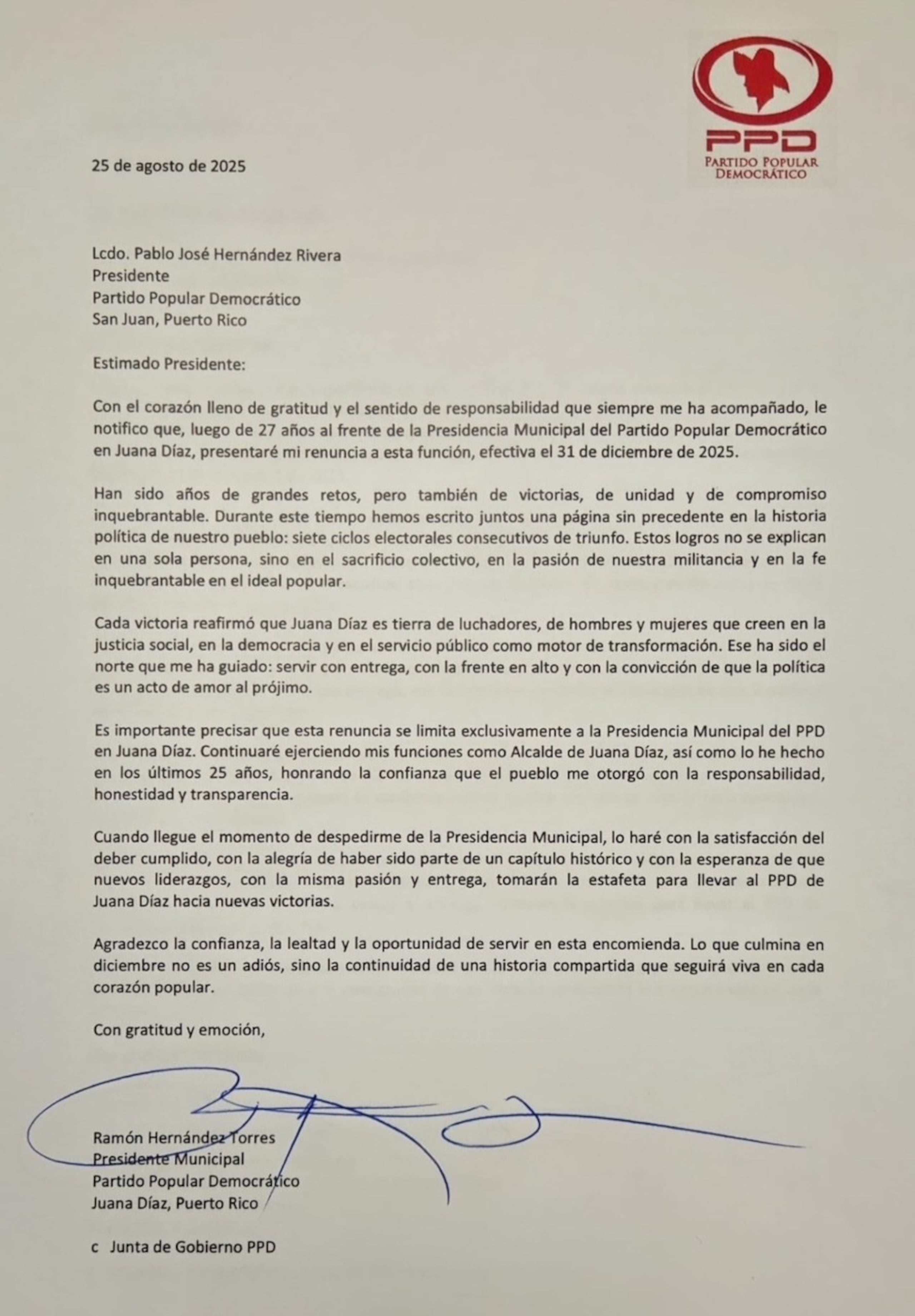 La misiva fue dirigida al presidente de la colectividad, Pablo José Hernández.