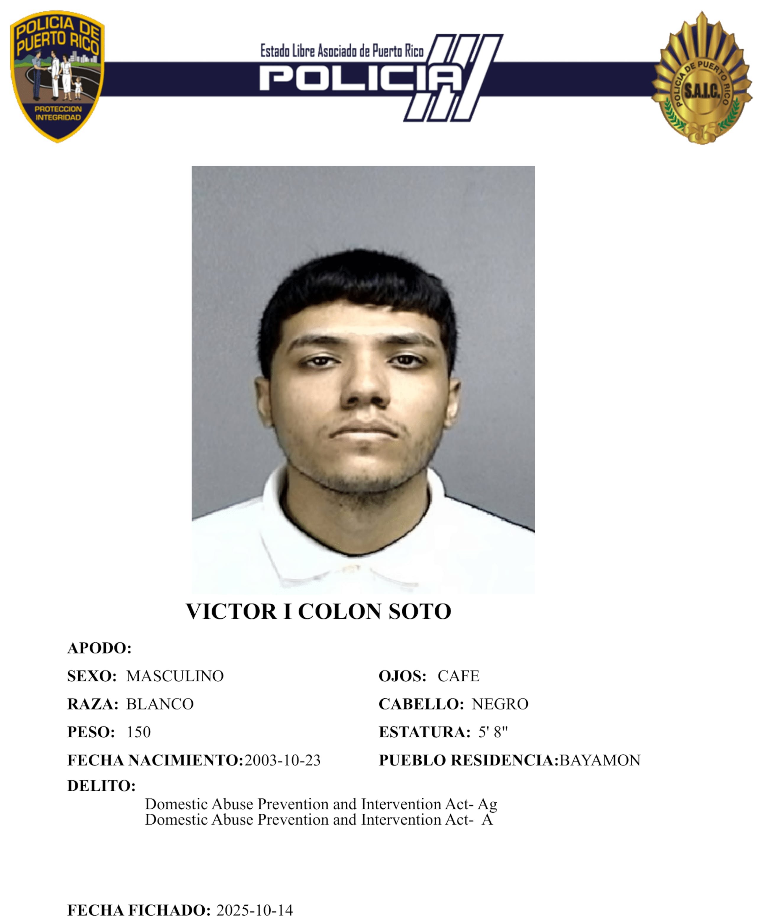 Ficha policíaca del imputado, Víctor Iandel Colón Soto, de 21 años.