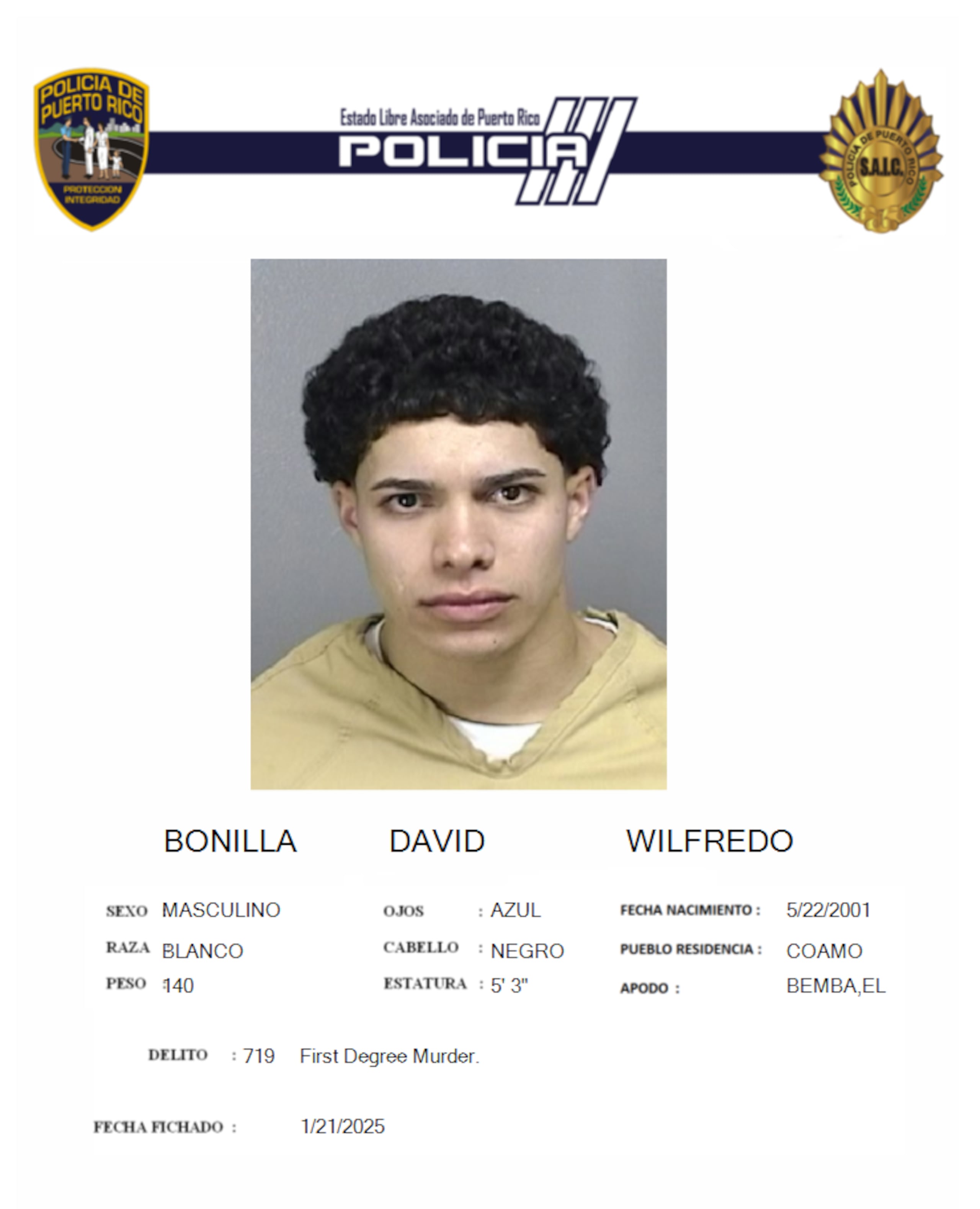 Wilfredo Bonilla David, fue acusado por el asesinato de un hombre de 38 años, frente a un bar en Dorado.