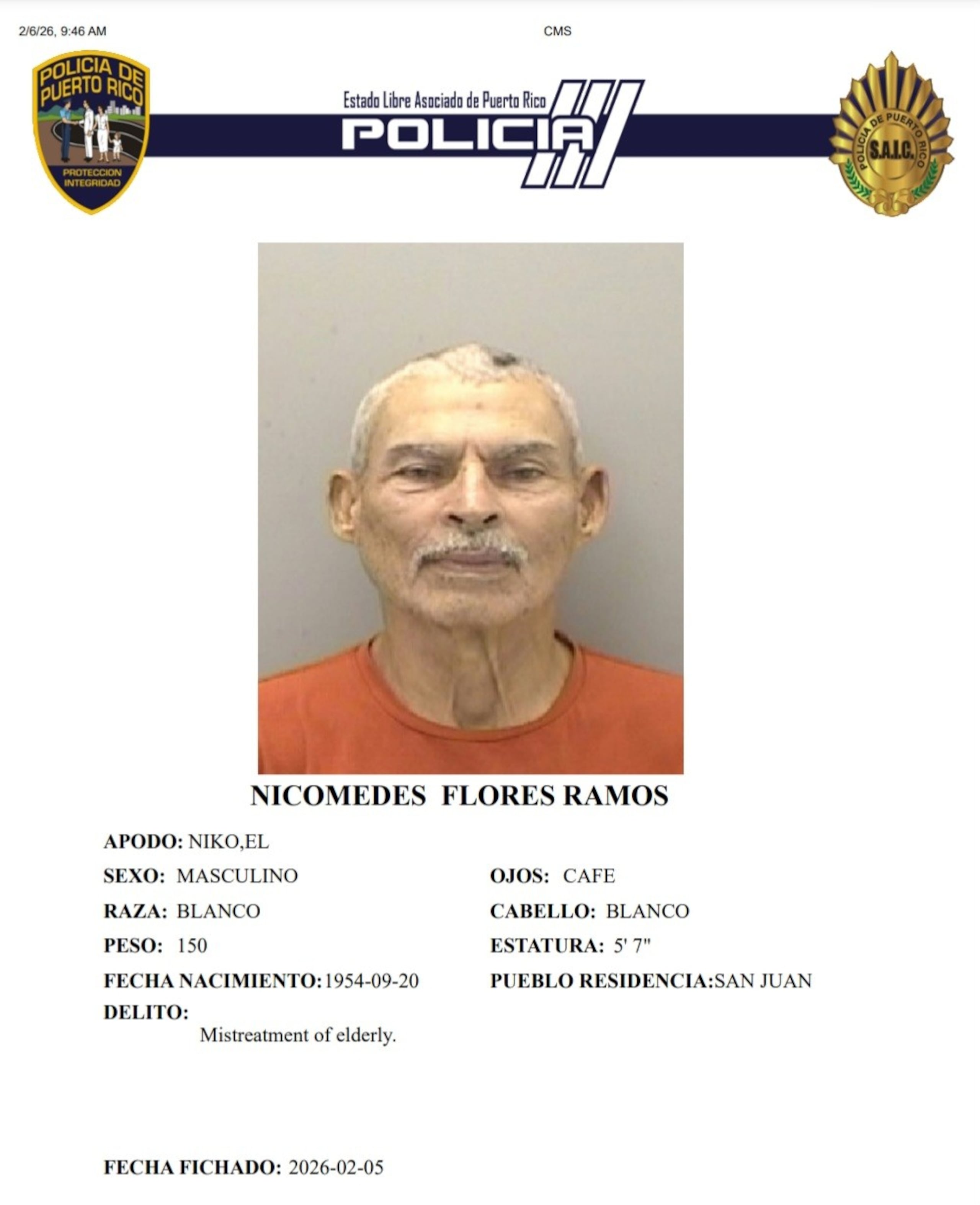 Nicomedes Flores Ramos enfrenta un cargo por maltrato a una persona de edad avanzada, que en este caso es su vecino.