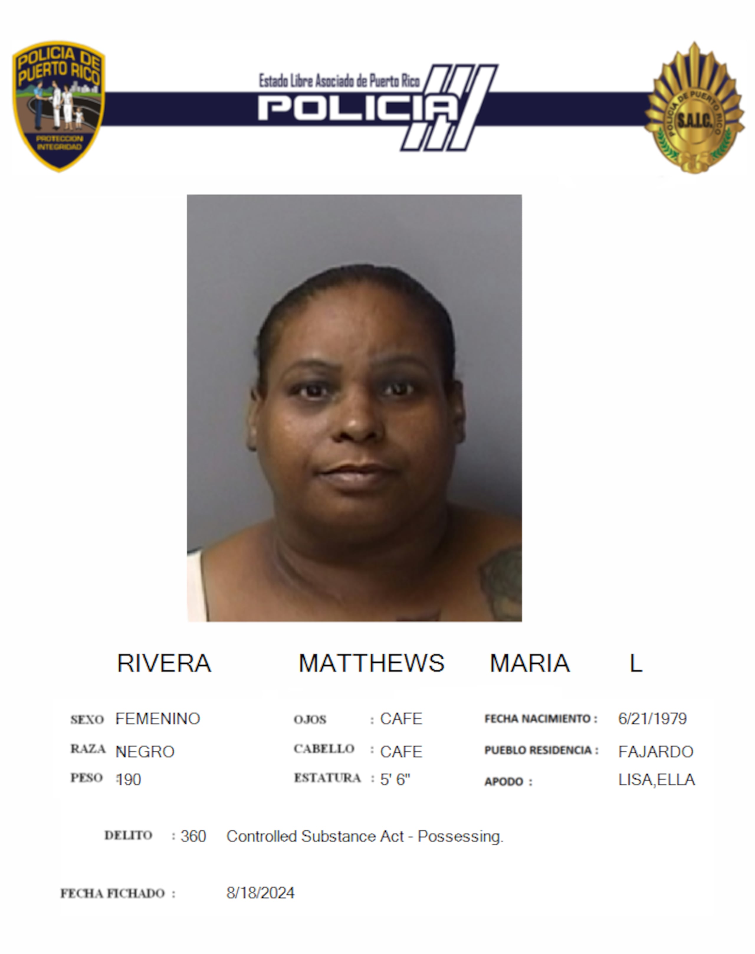 María L. Rivera Matthews fue arrestada durante un allanamiento en su residencia en Fajardo.