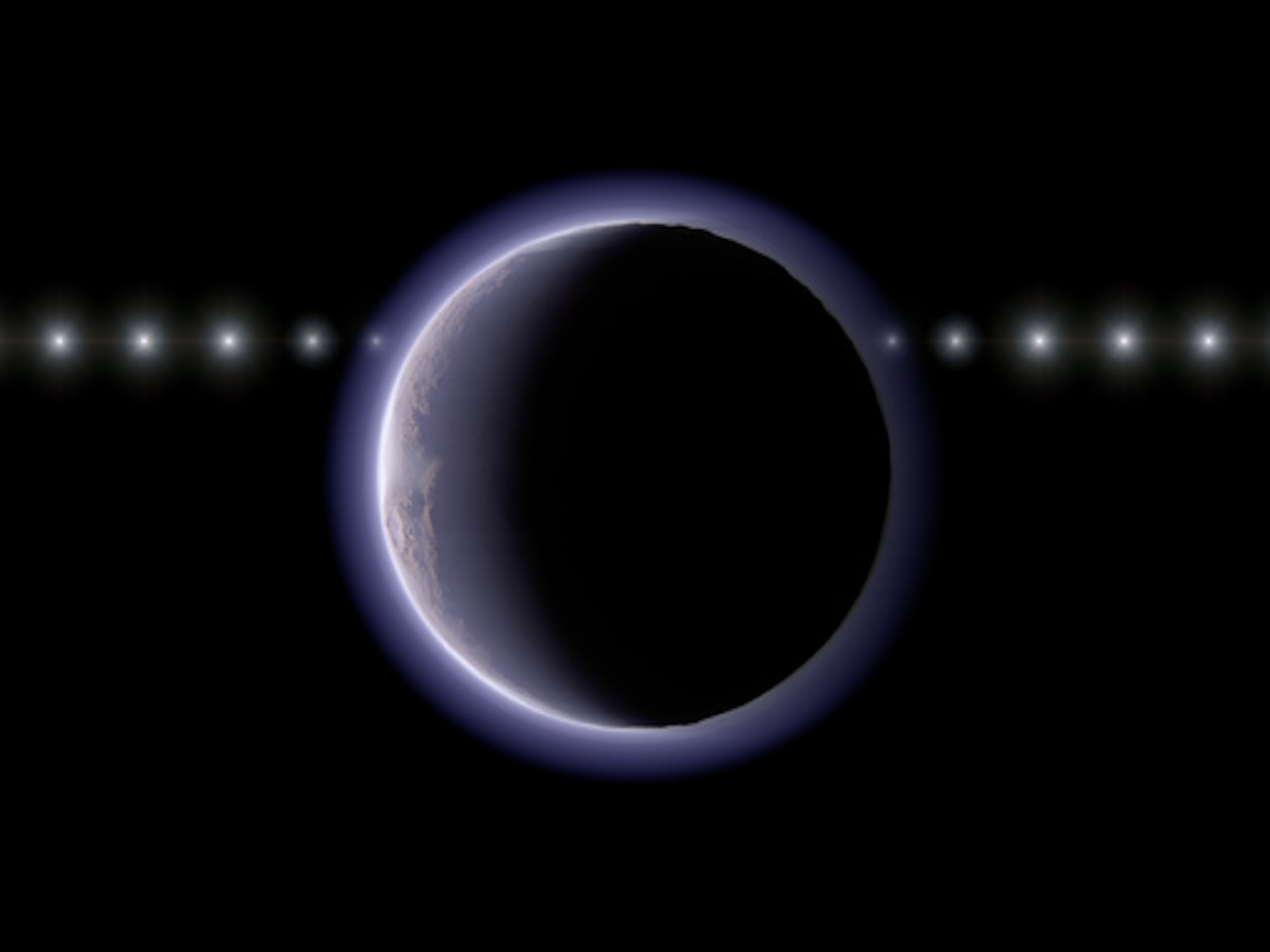 Esta imagen proporcionada por NAOJ muestra una impresión artística del objeto transneptuniano (612533) 2002 XV93 ocultando una estrella de fondo. Las observaciones de una ocultación estelar en enero de 2024 revelaron un desvanecimiento y una recuperación graduales de la luz estelar, lo que demuestra la existencia de una atmósfera muy fina alrededor del objeto. (Ko Arimatsu/NAOJ vía AP)