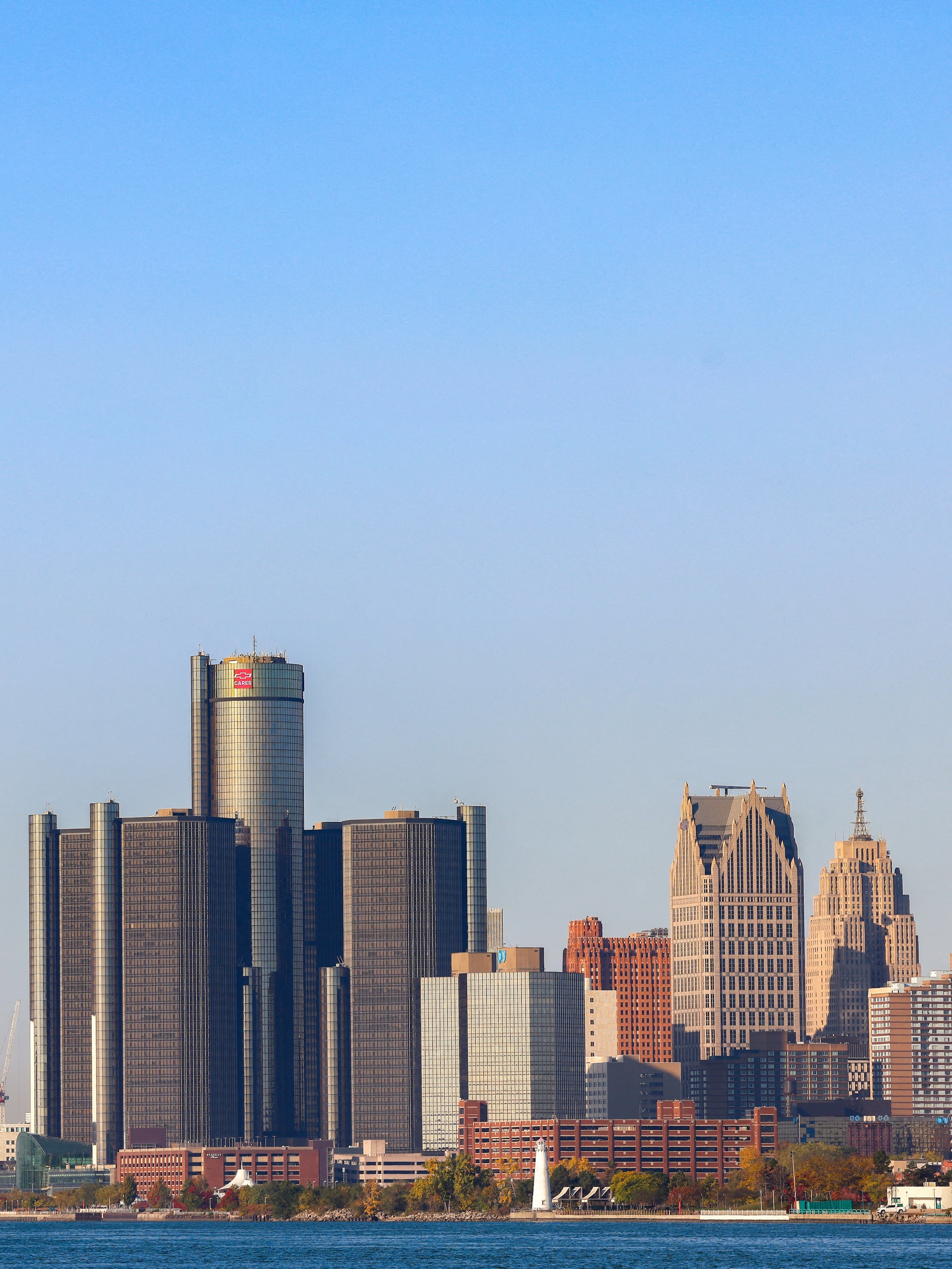 View of downtown Detroit skyline, in Detroit, Michigan, on October 18, 2024. (Photo by Charly TRIBALLEAU / AFP)