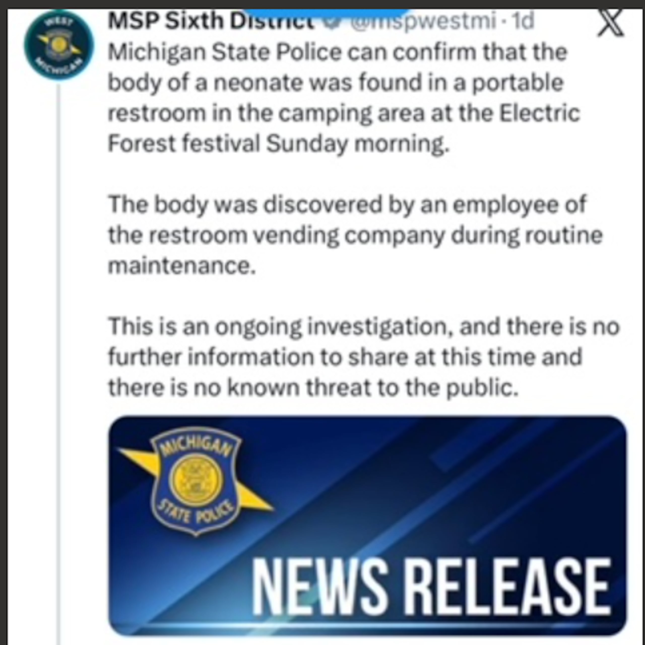 Policía de Michigan informa sobre hallazgo de un recién nacido muerto
