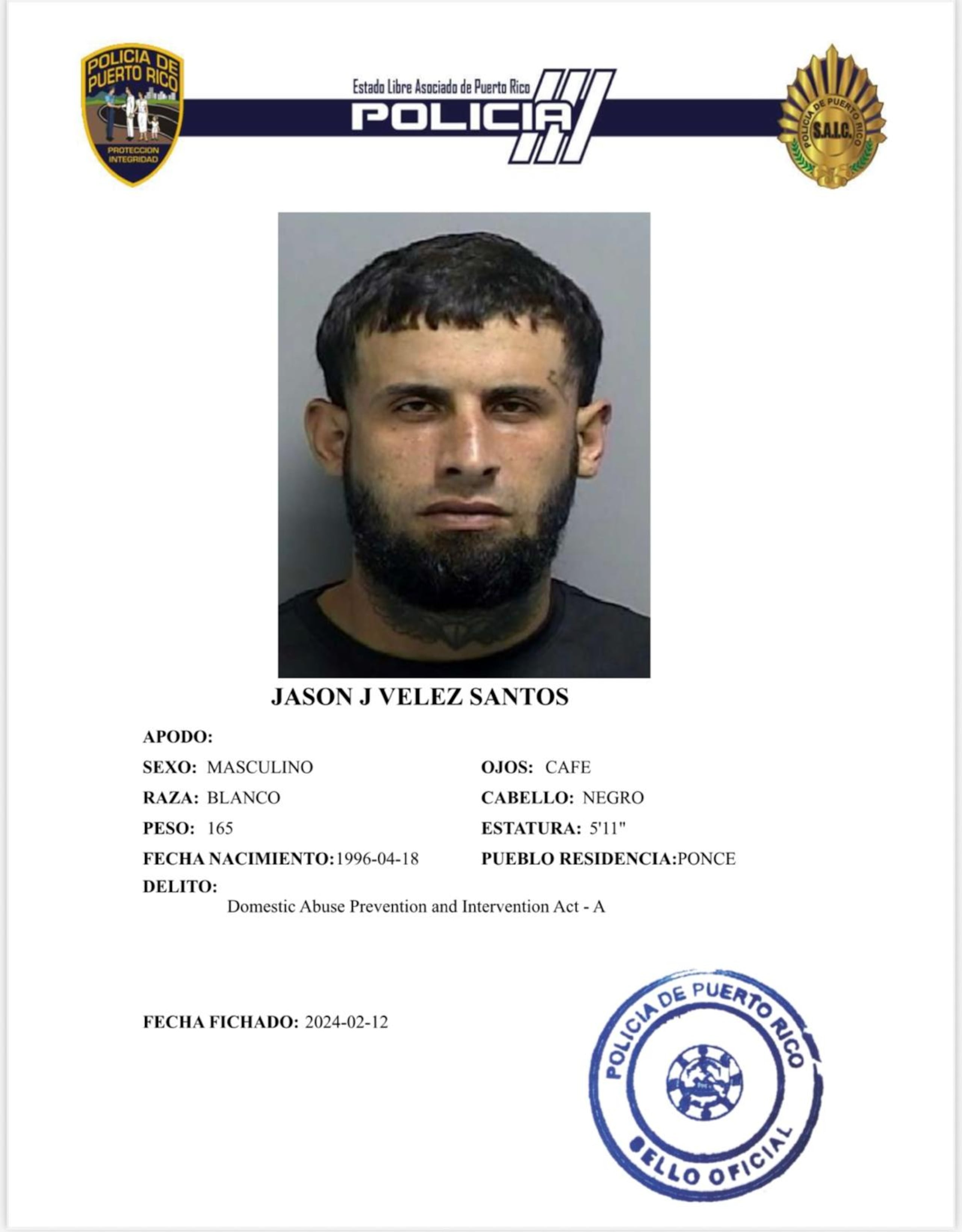Jason J. Vélez Santos, de 29 años, poseía expediente criminal.