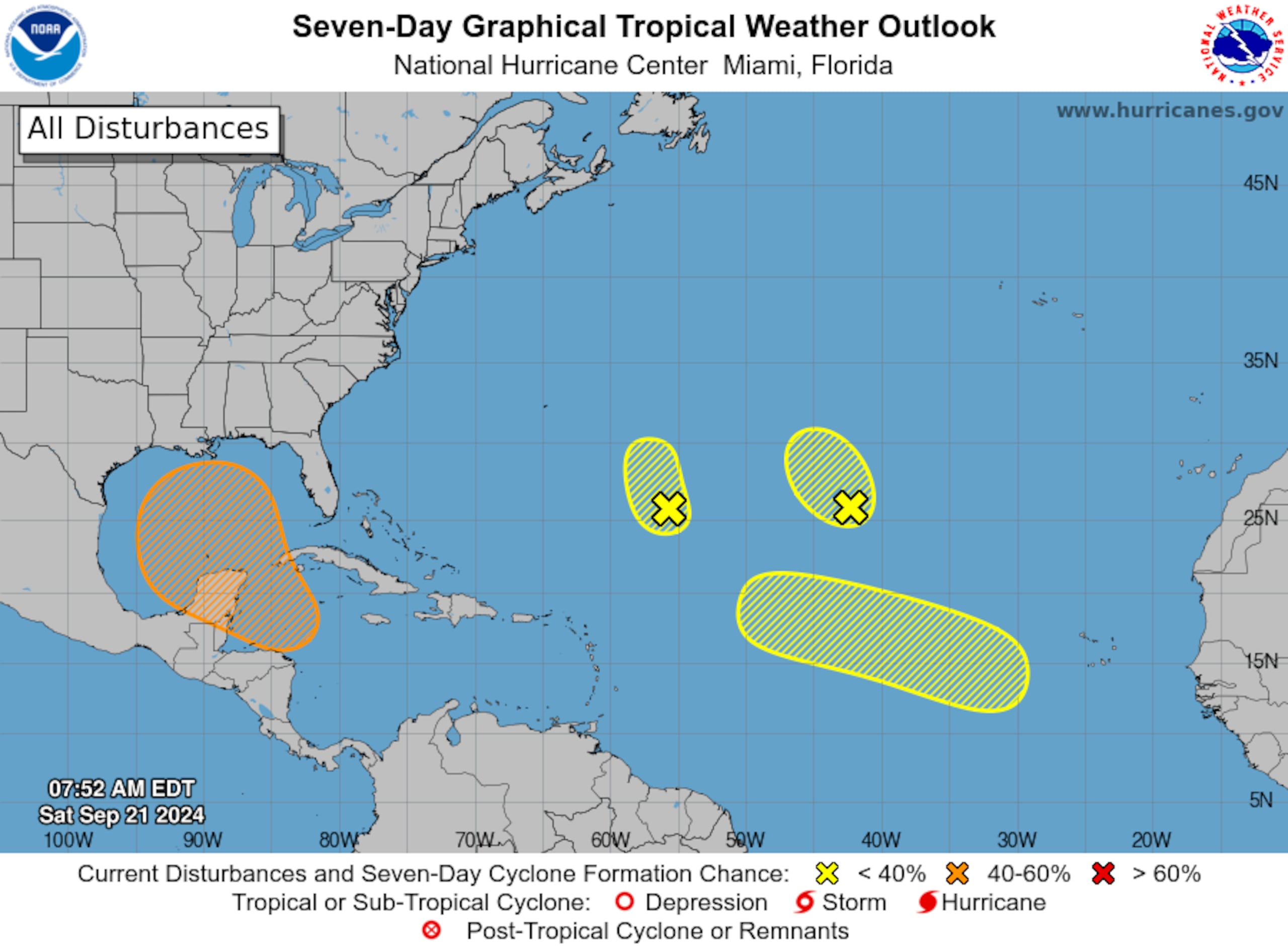 Cuatro zonas con potencial ciclónico en el Atlántico. (NOAA)