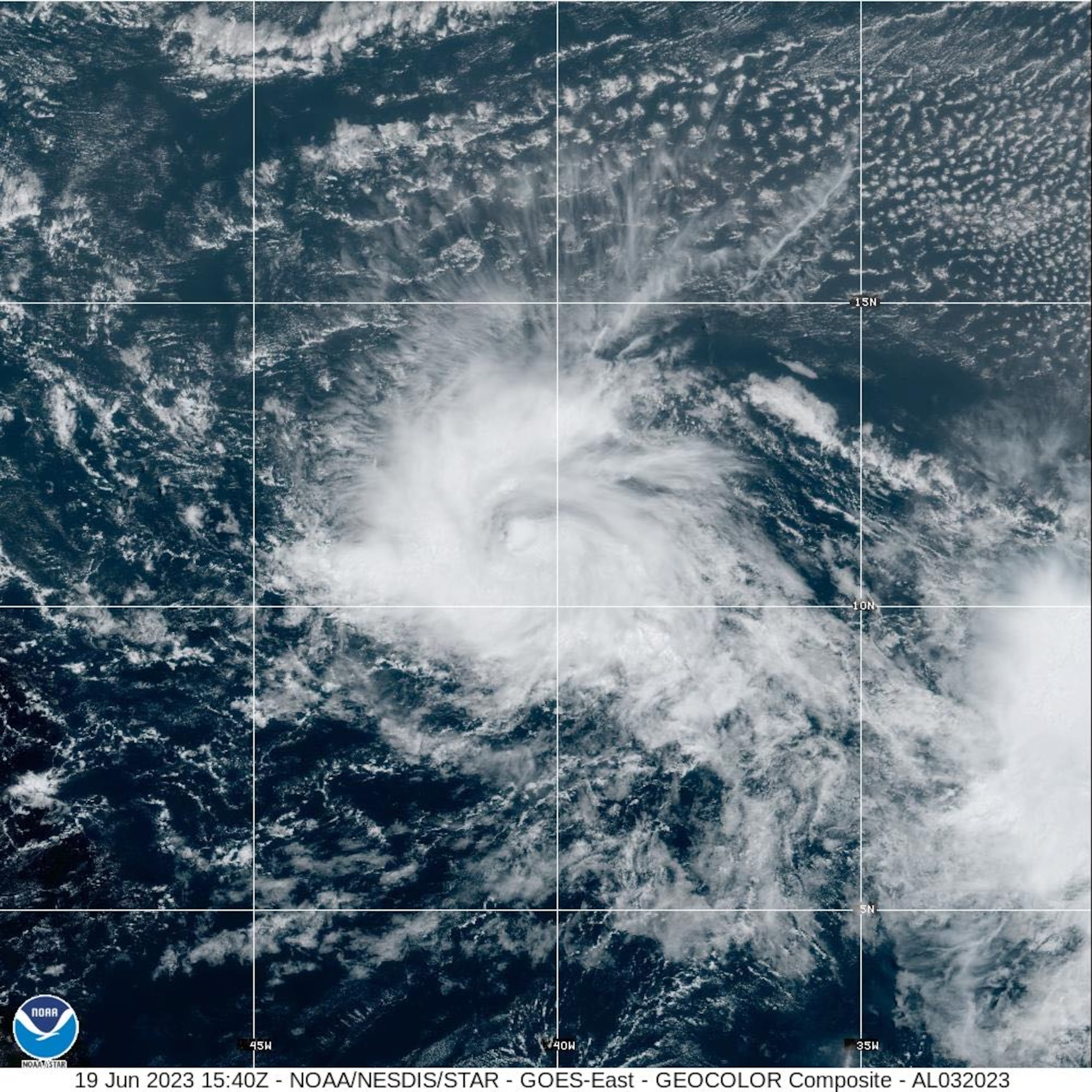 Imagen de satélite de la depresión tropical el 19 de junio de 2023, que de convertirse en tormenta tropical se llamará Bret.