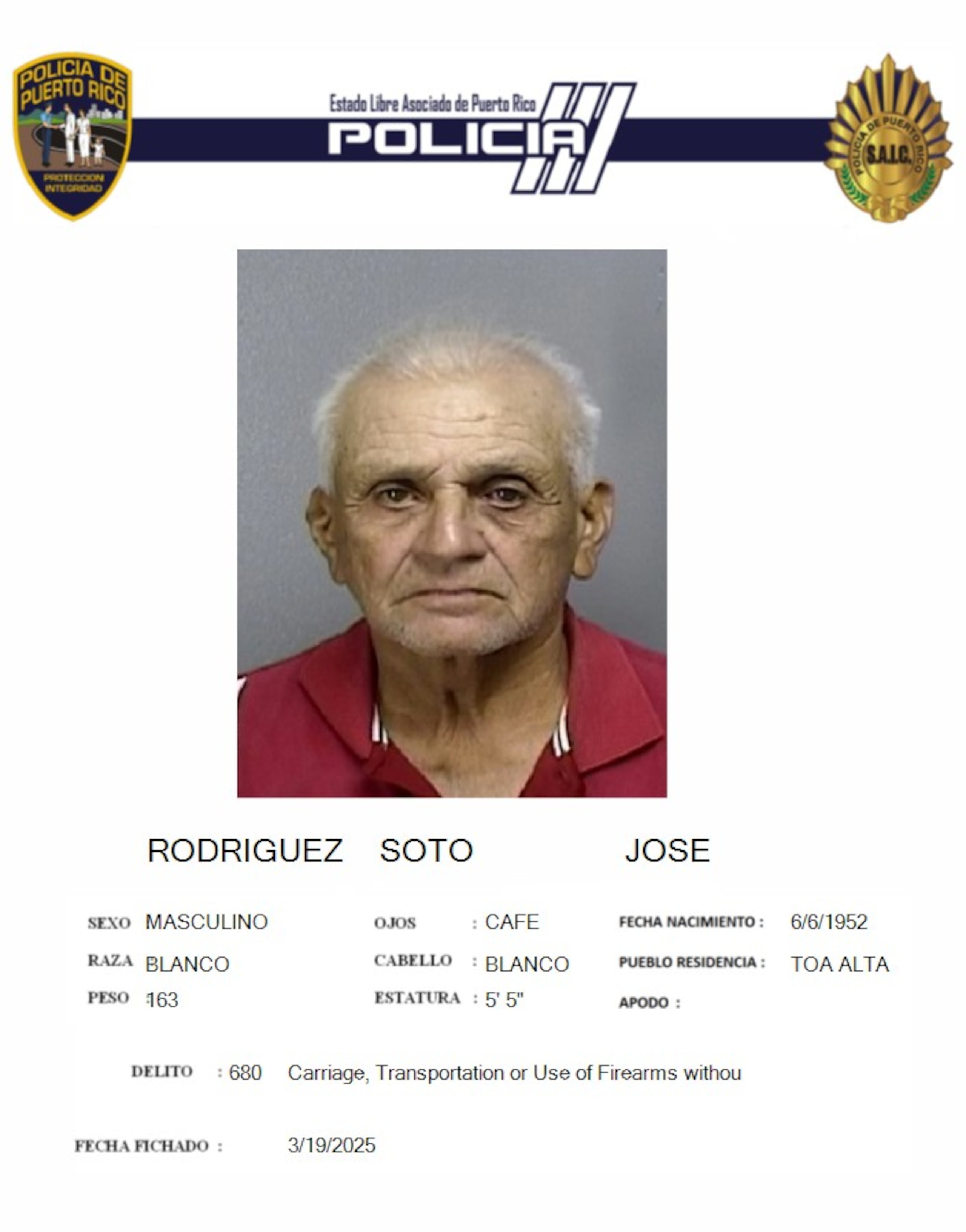 José Rodríguez Soto de 72 años, enfrenta cargos por violación a la Ley de Armas de Fuego y amenaza.