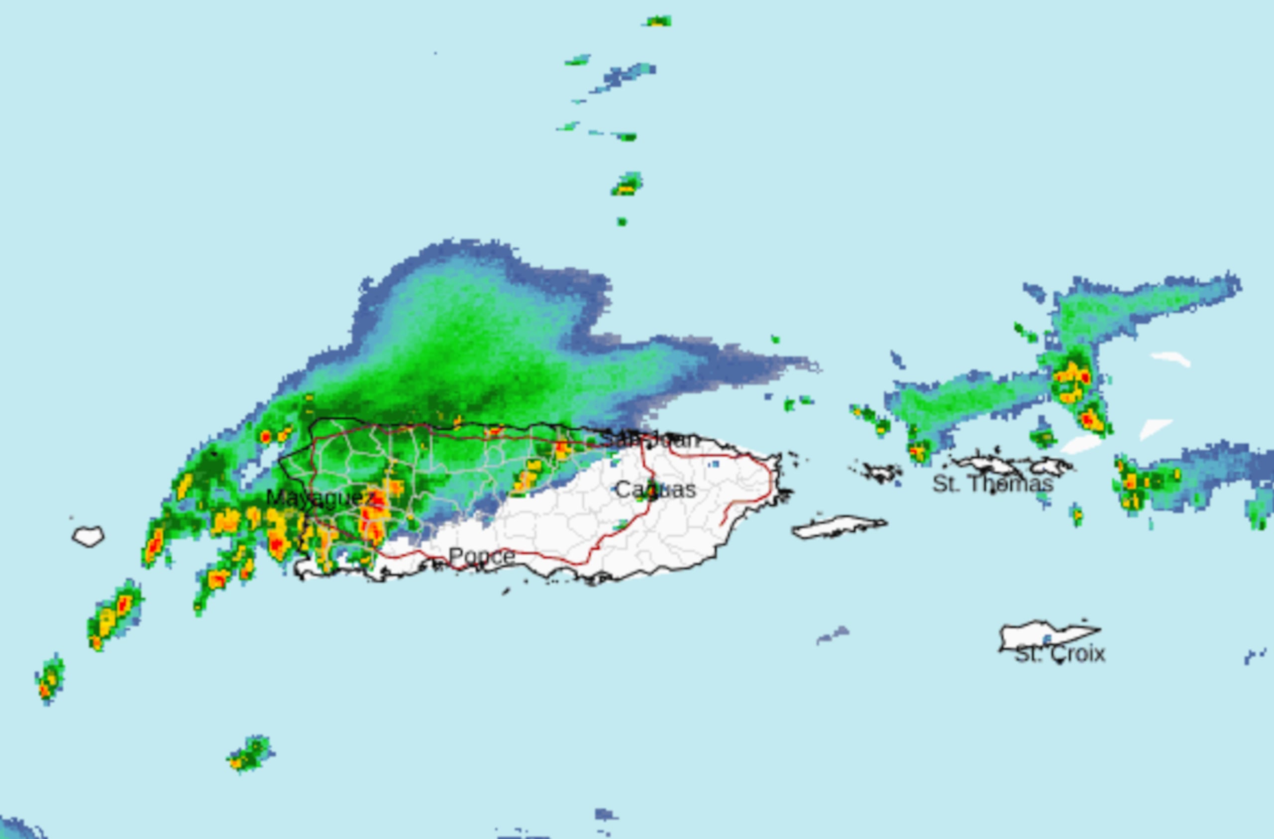 Imagen del radar Doppler del SNM muestra las áreas de lluvia intensa y tronadas que provocaron advertencias de inundaciones para varios municipios.